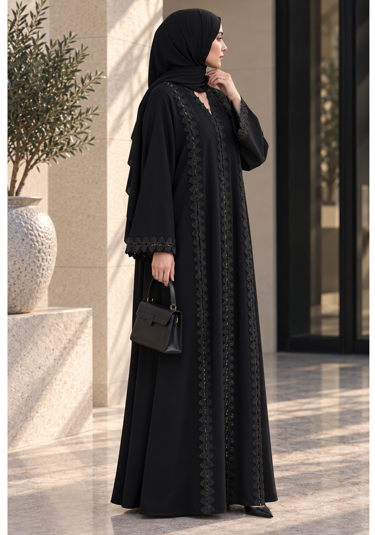 Black Korean Nida Abaya with Intricate Lace Panel Detailing & Scalloped Sleeves