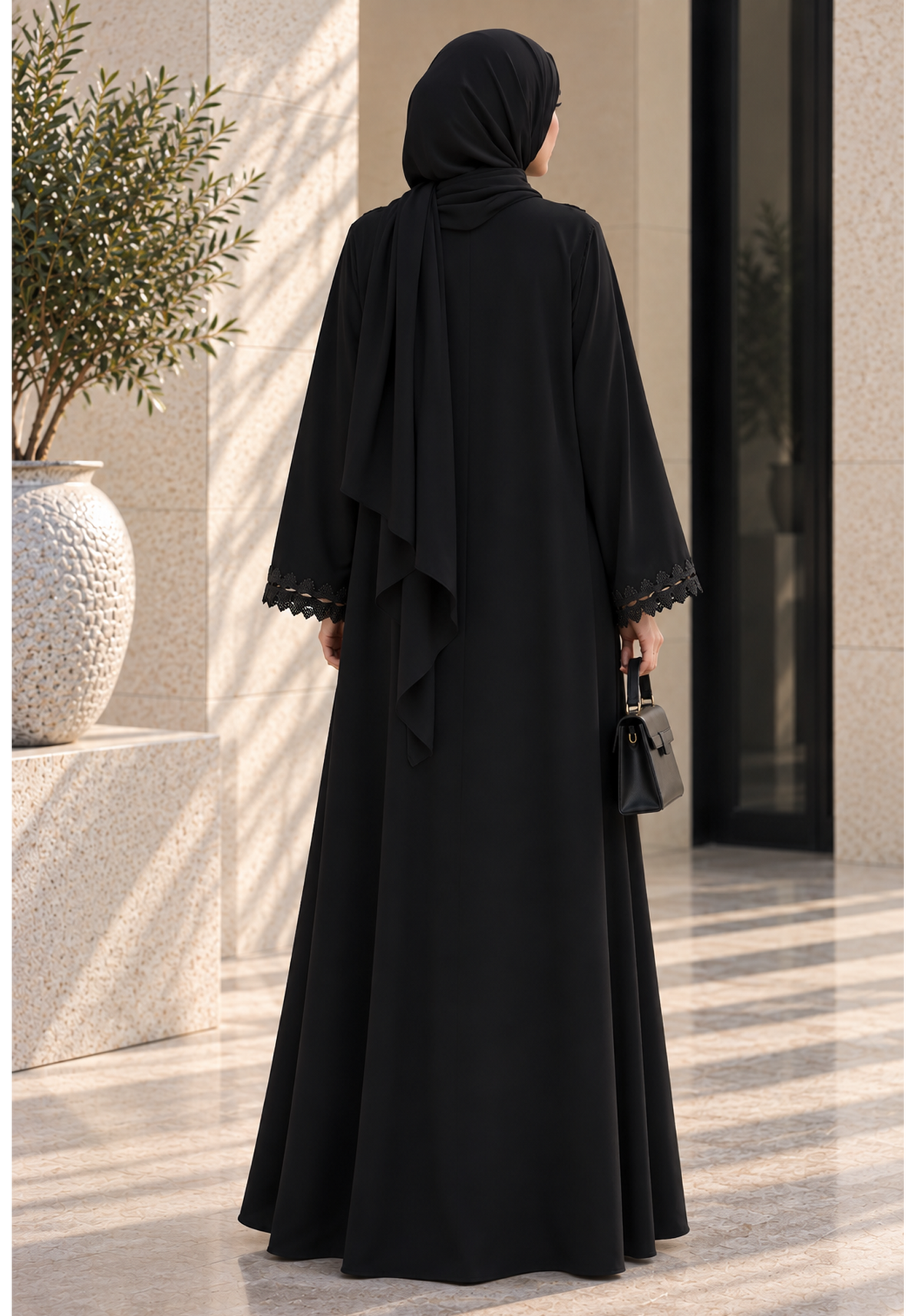 Black Korean Nida Abaya with Intricate Lace Panel Detailing & Scalloped Sleeves