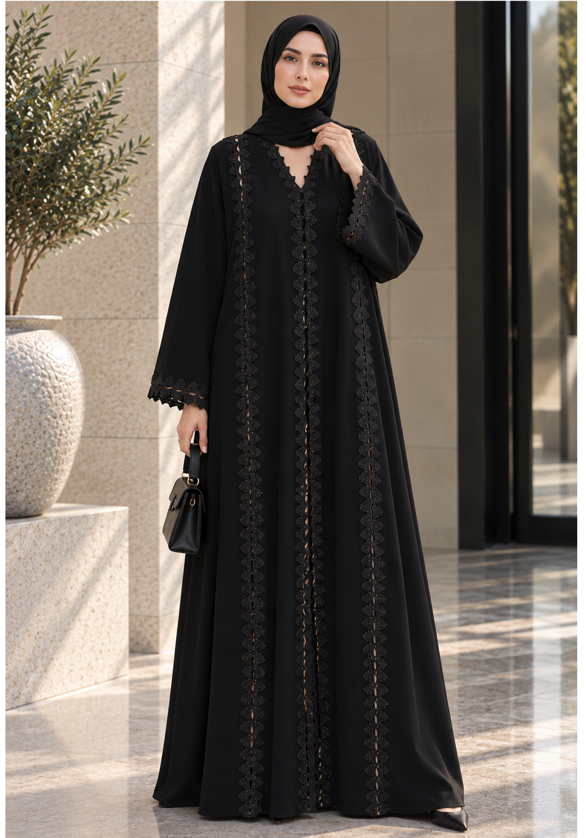Black Korean Nida Abaya with Intricate Lace Panel Detailing & Scalloped Sleeves