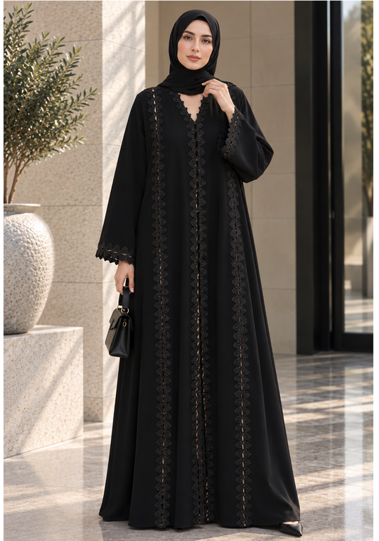 Black Korean Nida Abaya with Intricate Lace Panel Detailing & Scalloped Sleeves