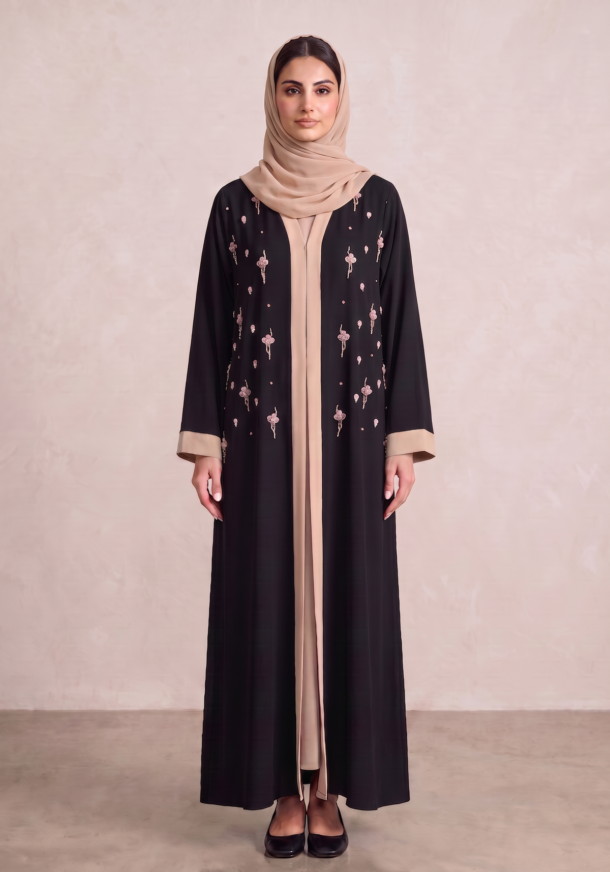 Black & Beige Korean Nida Abaya with Intricate Handwork Details