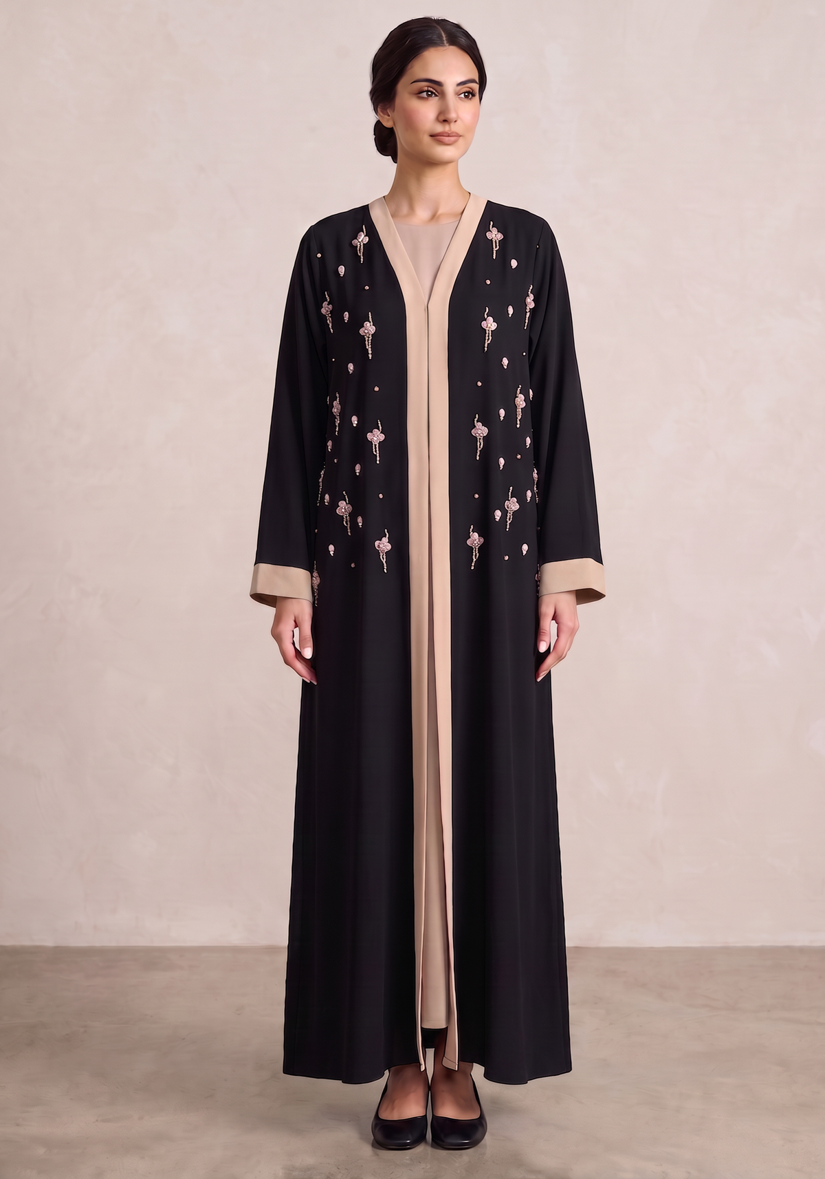 Black & Beige Korean Nida Abaya with Intricate Handwork Details