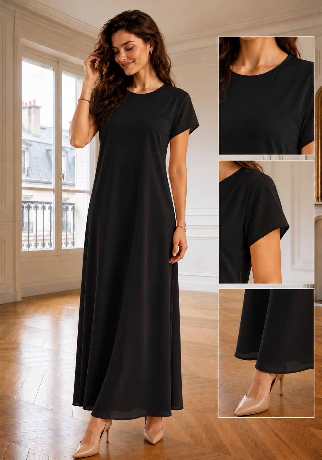 Nida Short Sleeve Inner Dress – Premium Black Under Abaya Dress