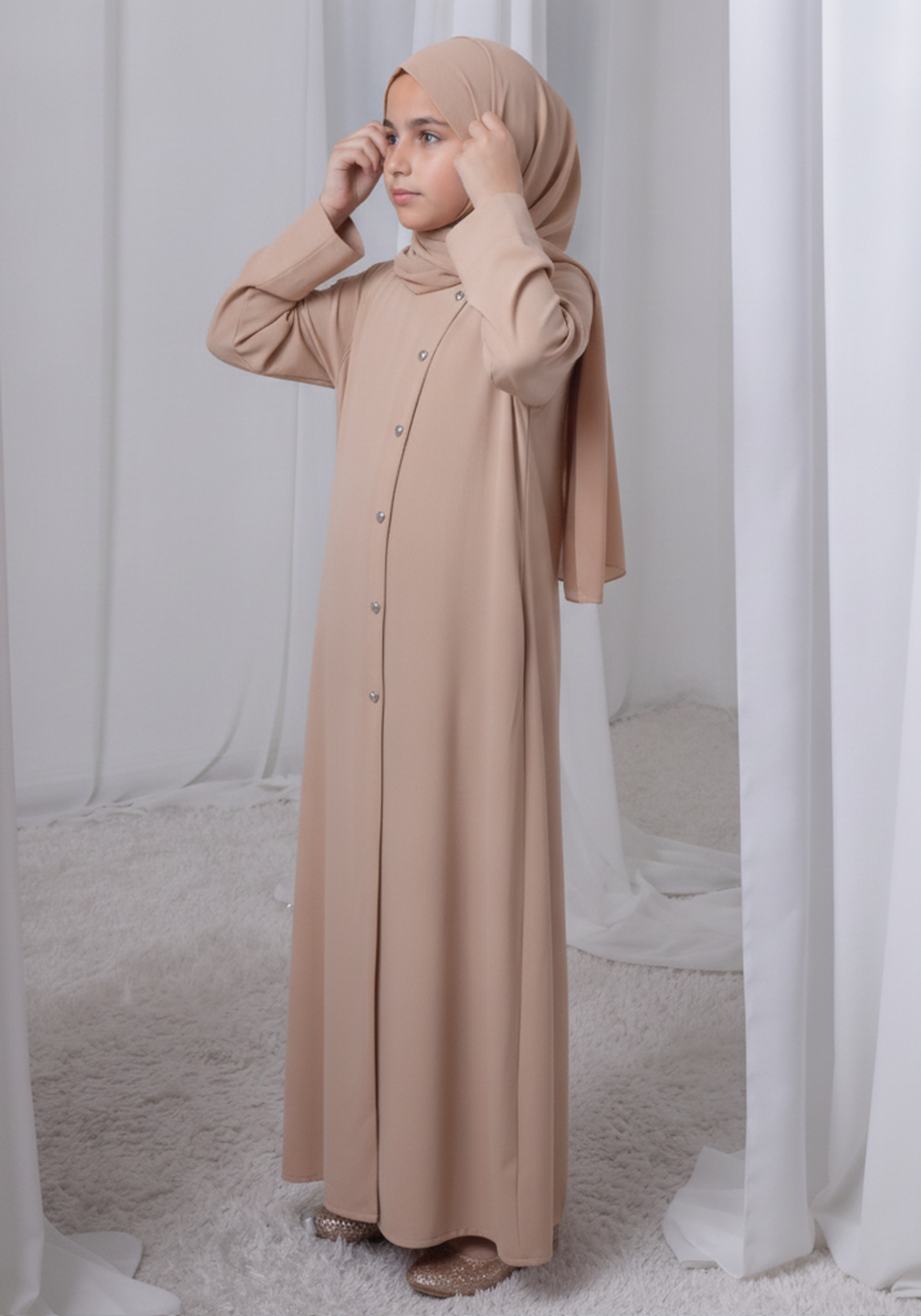 Tan Shade Kids Abaya with Matching Hijab for Girls Korean Nida Fabric Modest Islamic Dress 9 Colors Available