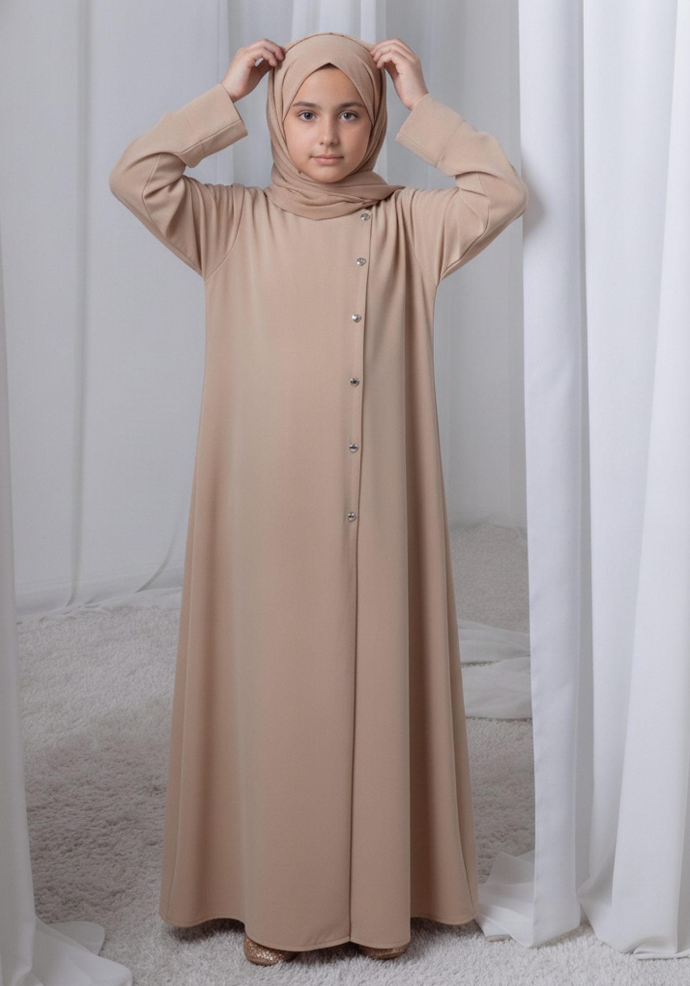 Tan Shade Kids Abaya with Matching Hijab for Girls Korean Nida Fabric Modest Islamic Dress 9 Colors Available