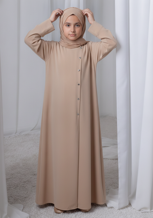Tan Shade Kids Abaya with Matching Hijab for Girls Korean Nida Fabric Modest Islamic Dress 9 Colors Available