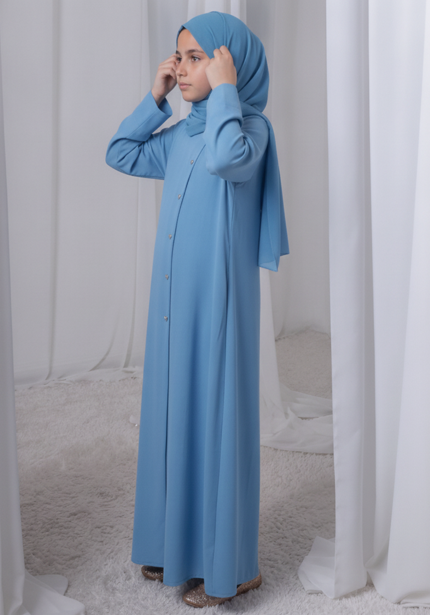 Sky Blue Kids Abaya with Matching Hijab for Girls Korean Nida Fabric Modest Islamic Dress 9 Colors Available
