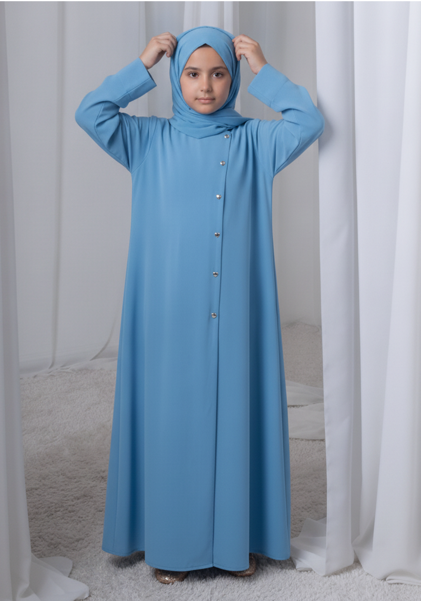 Sky Blue Kids Abaya with Matching Hijab for Girls Korean Nida Fabric Modest Islamic Dress 9 Colors Available