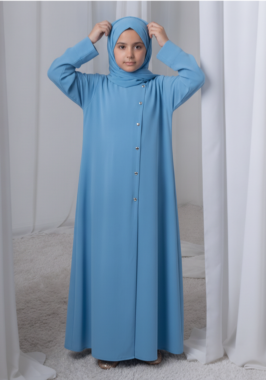 Sky Blue Kids Abaya with Matching Hijab for Girls Korean Nida Fabric Modest Islamic Dress 9 Colors Available