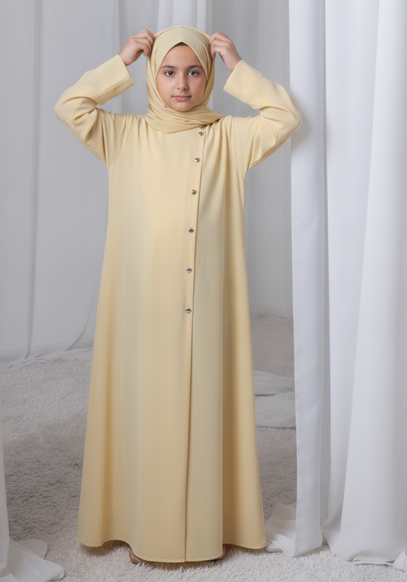 Pastel Yellow Kids Abaya with Matching Hijab for Girls Korean Nida Fabric Modest Islamic Dress 9 Colors Available