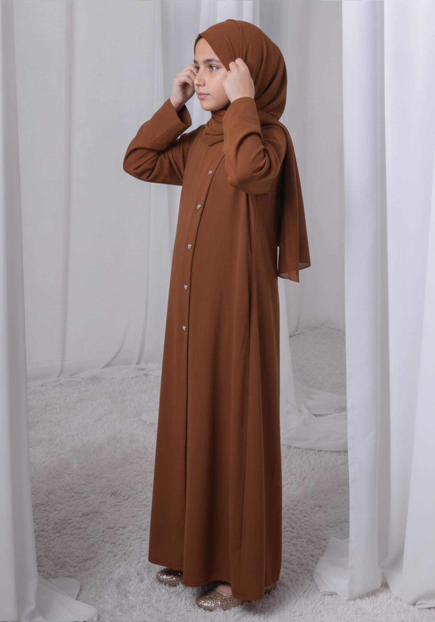 Brown Kids Abaya with Matching Hijab for Girls Korean Nida Fabric Modest Islamic Dress 9 Colors Available
