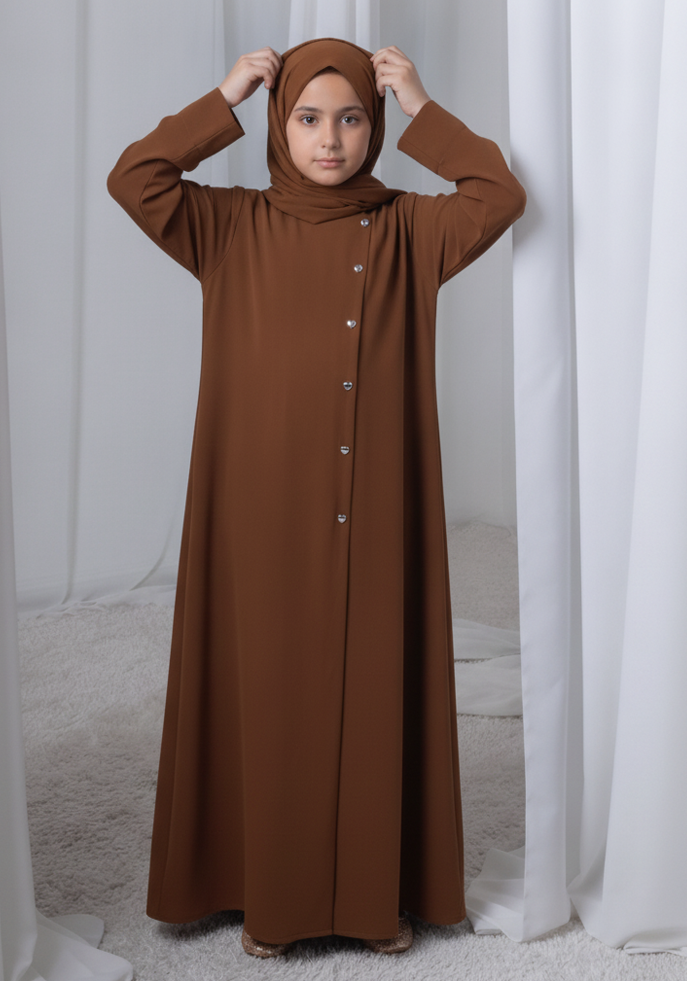 Brown Kids Abaya with Matching Hijab for Girls Korean Nida Fabric Modest Islamic Dress 9 Colors Available