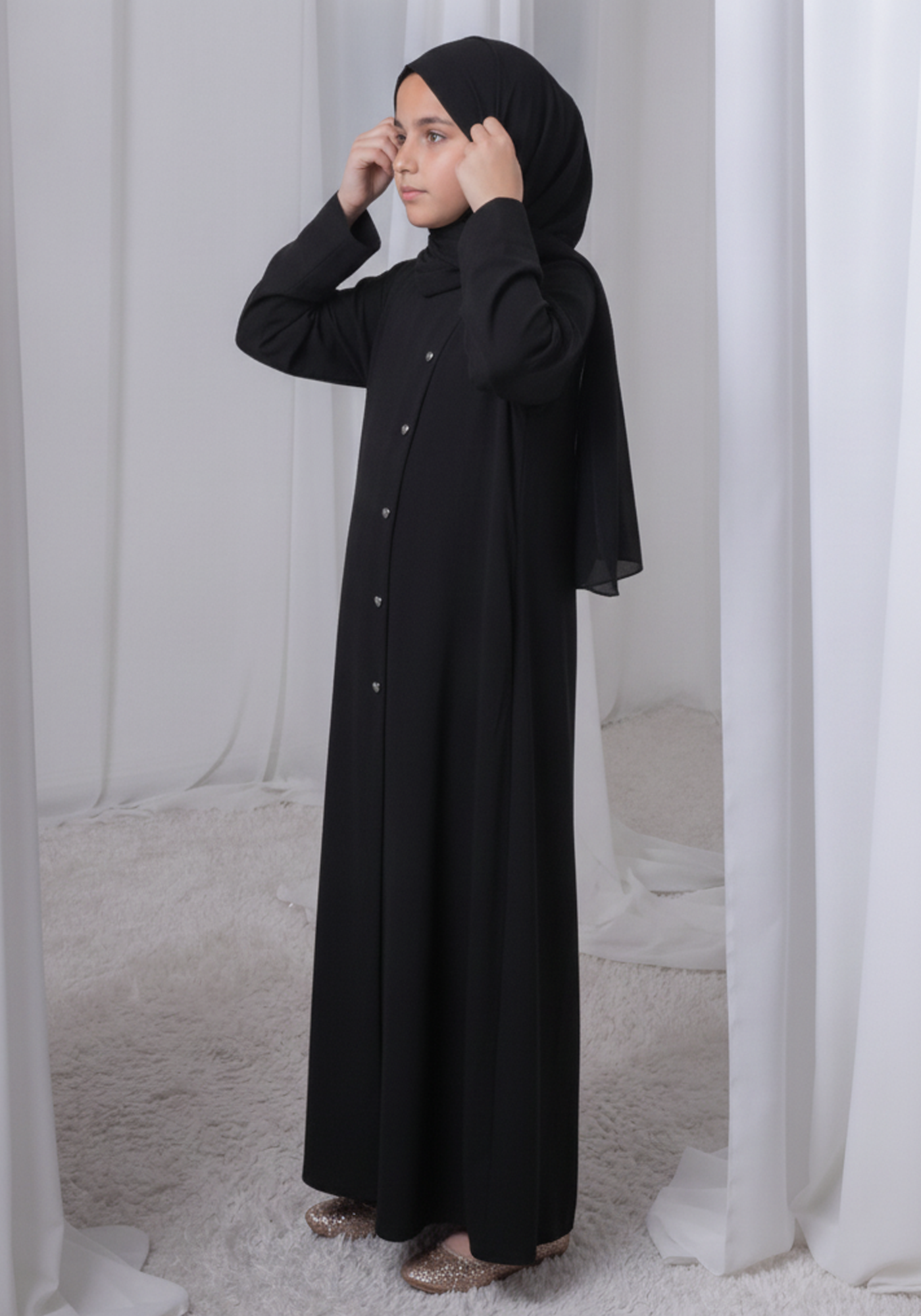 Black Kids Abaya with Matching Hijab for Girls Korean Nida Fabric Modest Islamic Dress 9 Colors Available