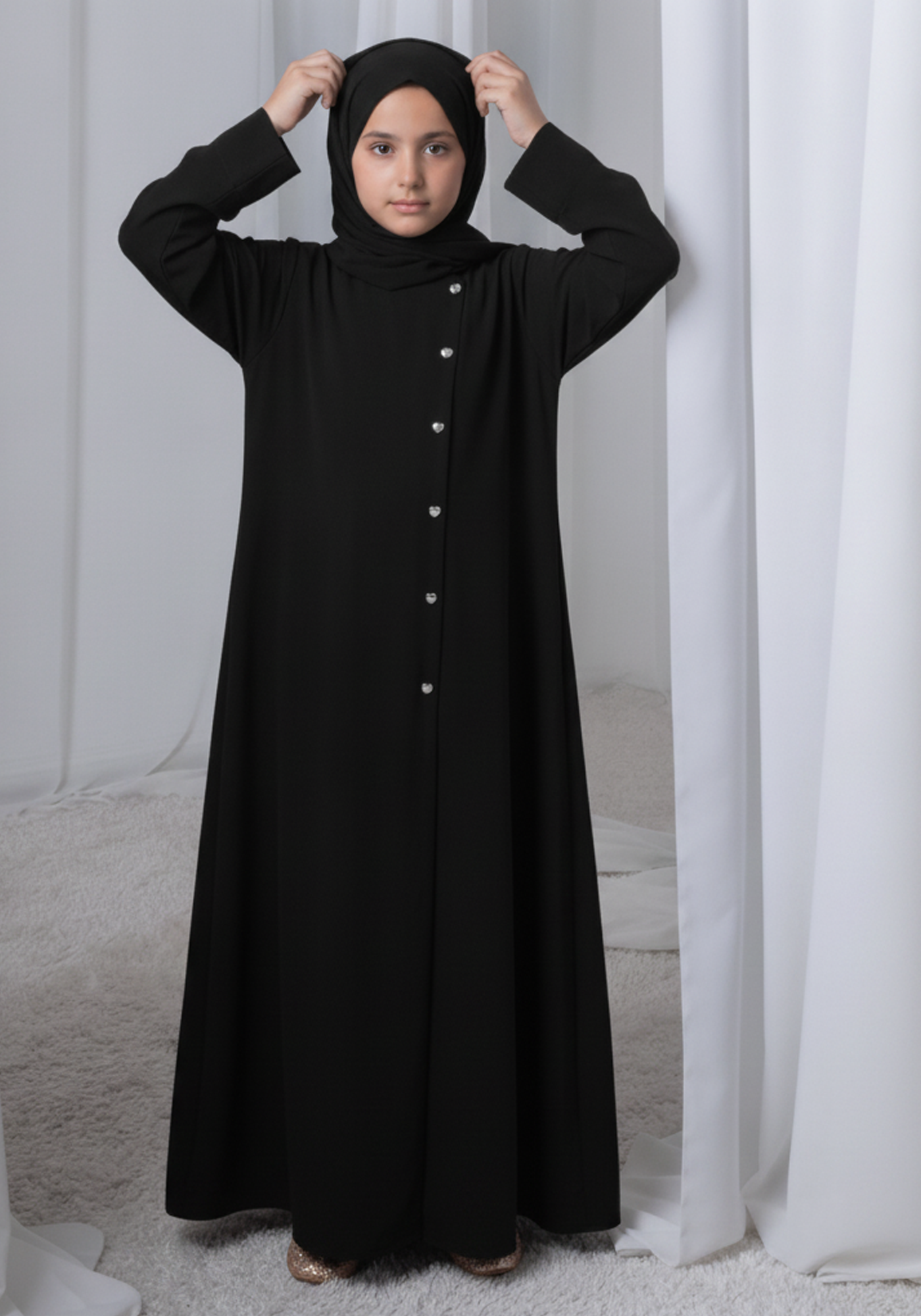 Black Kids Abaya with Matching Hijab for Girls Korean Nida Fabric Modest Islamic Dress 9 Colors Available