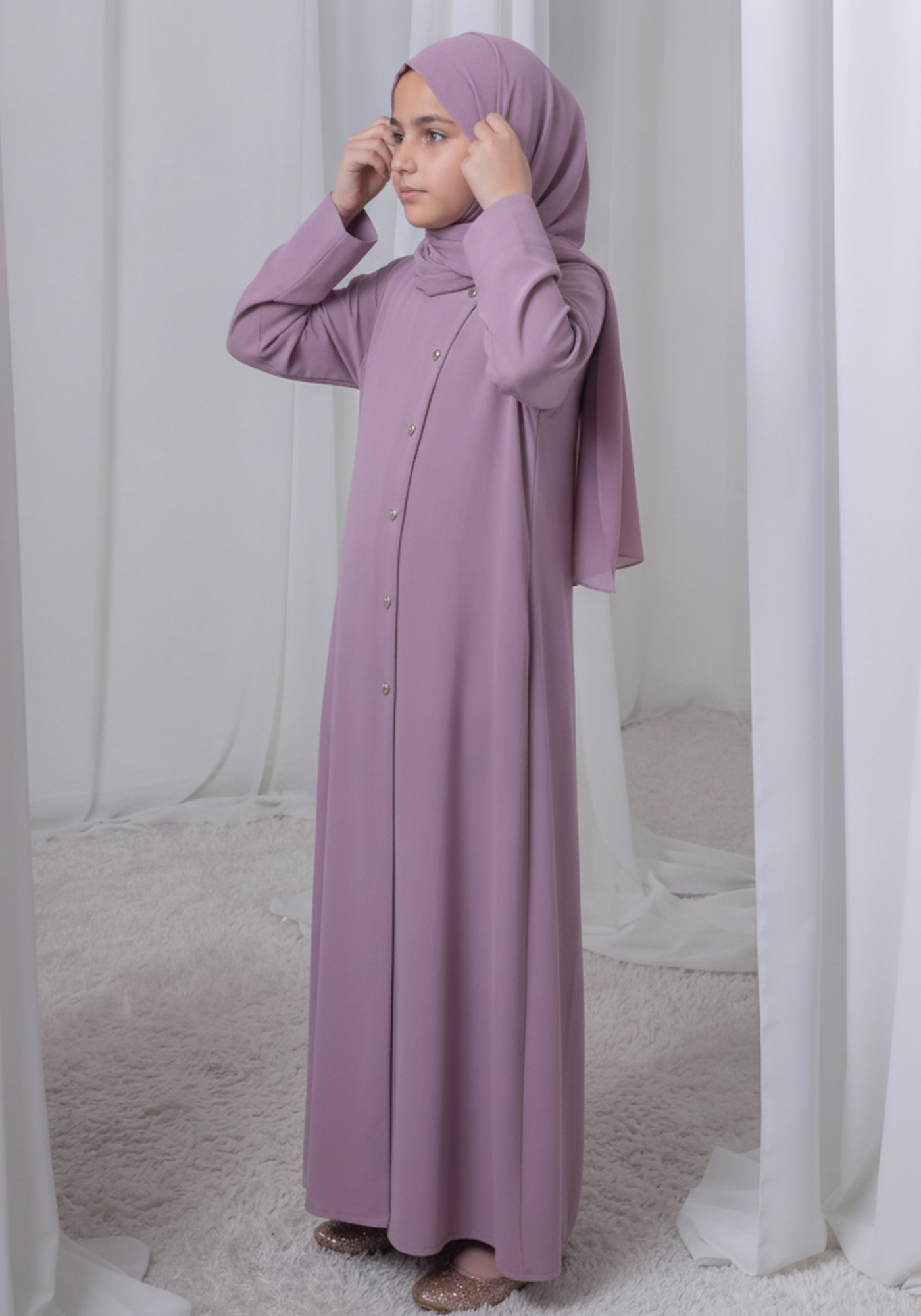 Mauve Kids Abaya with Matching Hijab for Girls Korean Nida Fabric Modest Islamic Dress 9 Colors Available