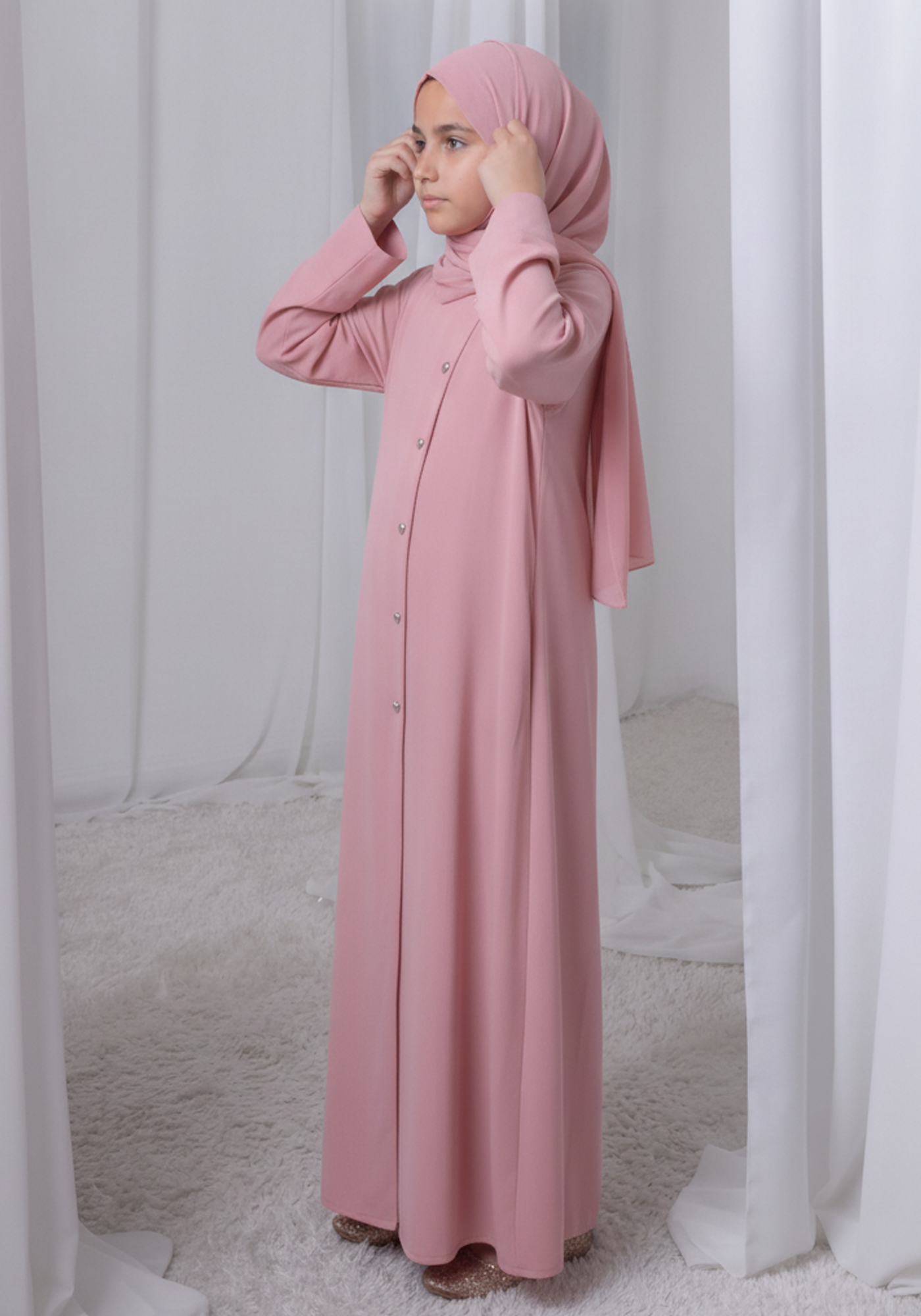 Pink Kids Abaya with Matching Hijab for Girls Korean Nida Fabric Modest Islamic Dress 9 Colors Available