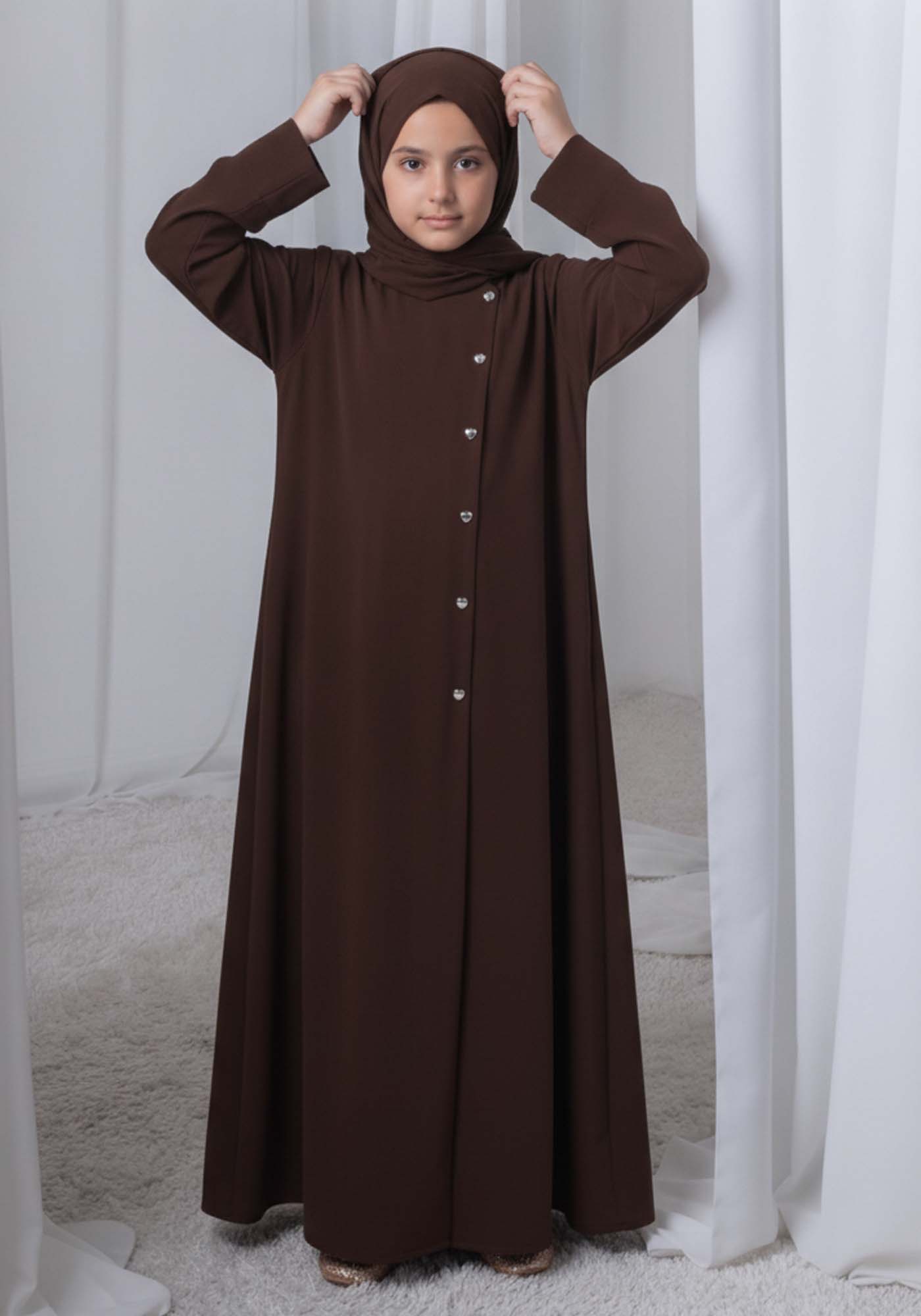 Dark Brown Kids Abaya with Matching Hijab for Girls Korean Nida Fabric Modest Islamic Dress 9 Colors Available