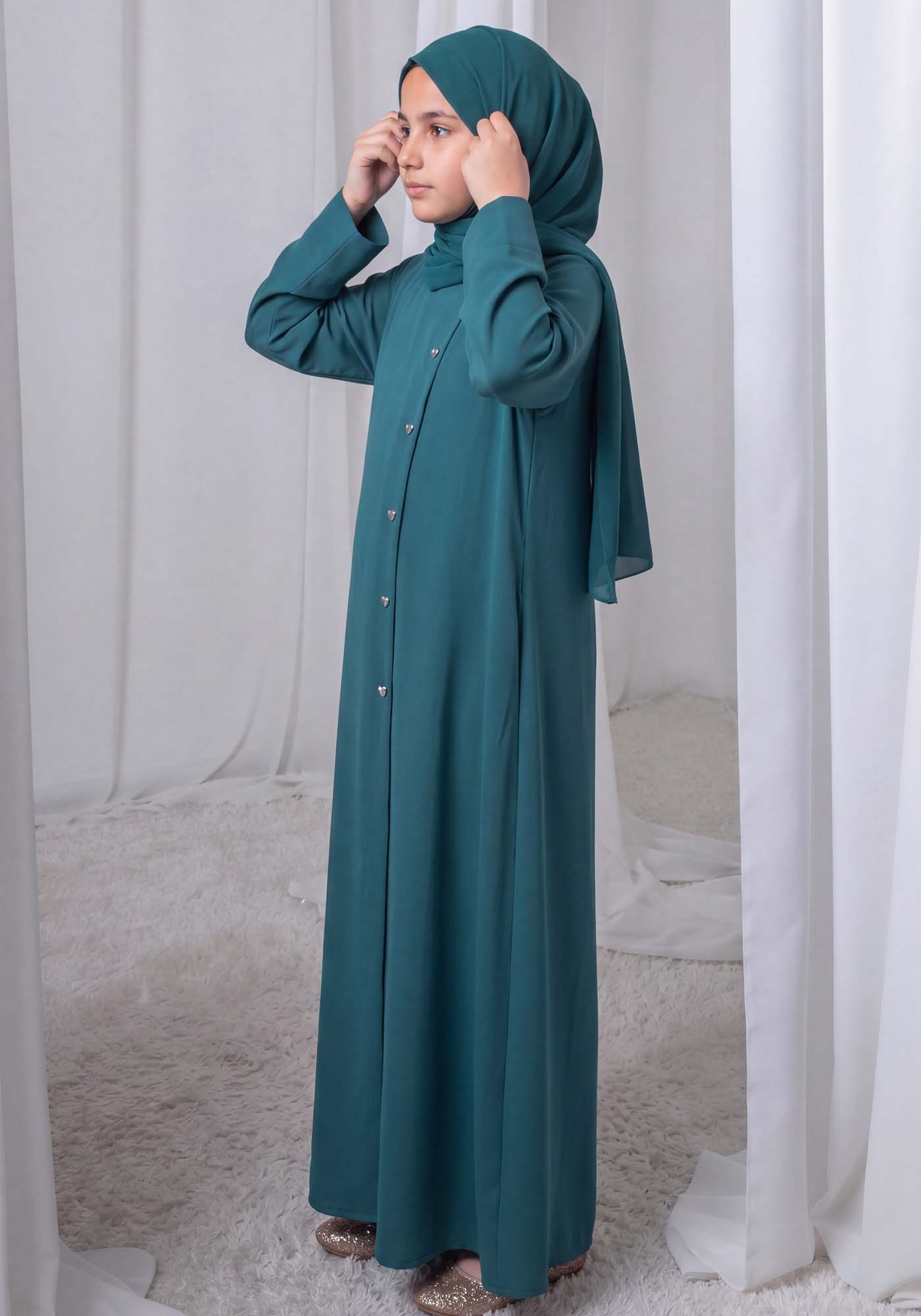 Teal Green Kids Abaya with Matching Hijab for Girls Korean Nida Fabric Modest Islamic Dress 9 Colors Available