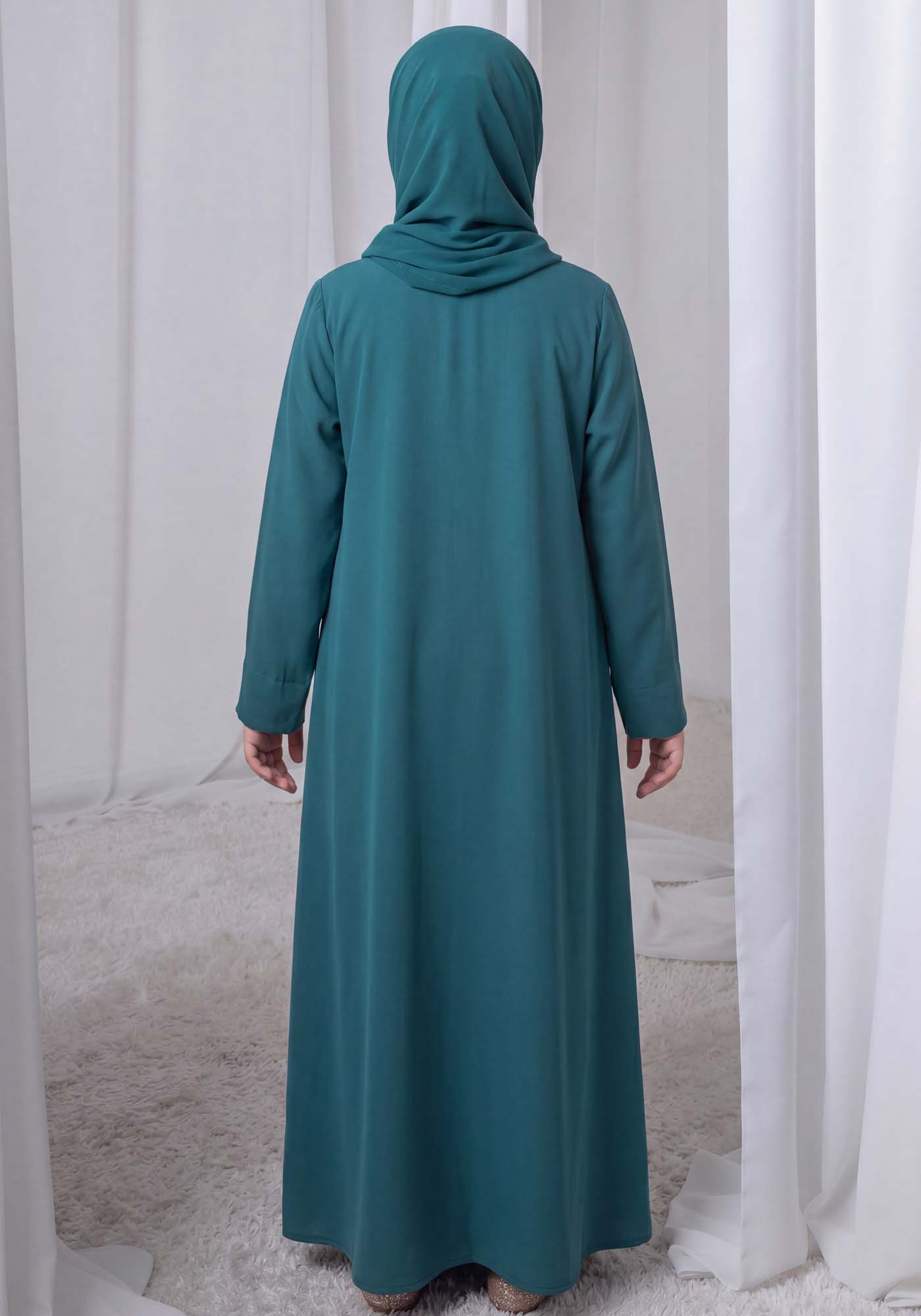 Teal Green Kids Abaya with Matching Hijab for Girls Korean Nida Fabric Modest Islamic Dress 9 Colors Available