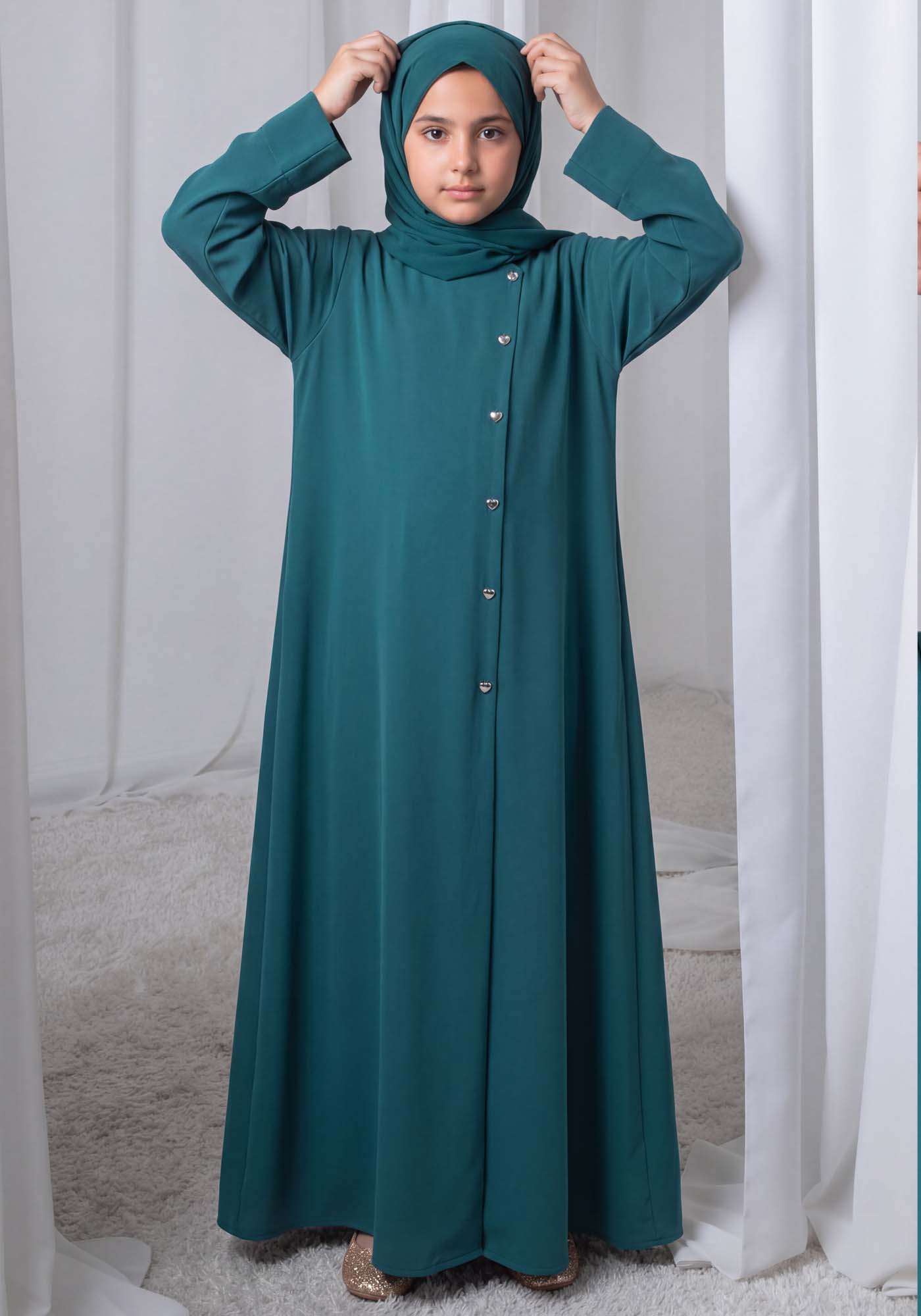 Teal Green Kids Abaya with Matching Hijab for Girls Korean Nida Fabric Modest Islamic Dress 9 Colors Available