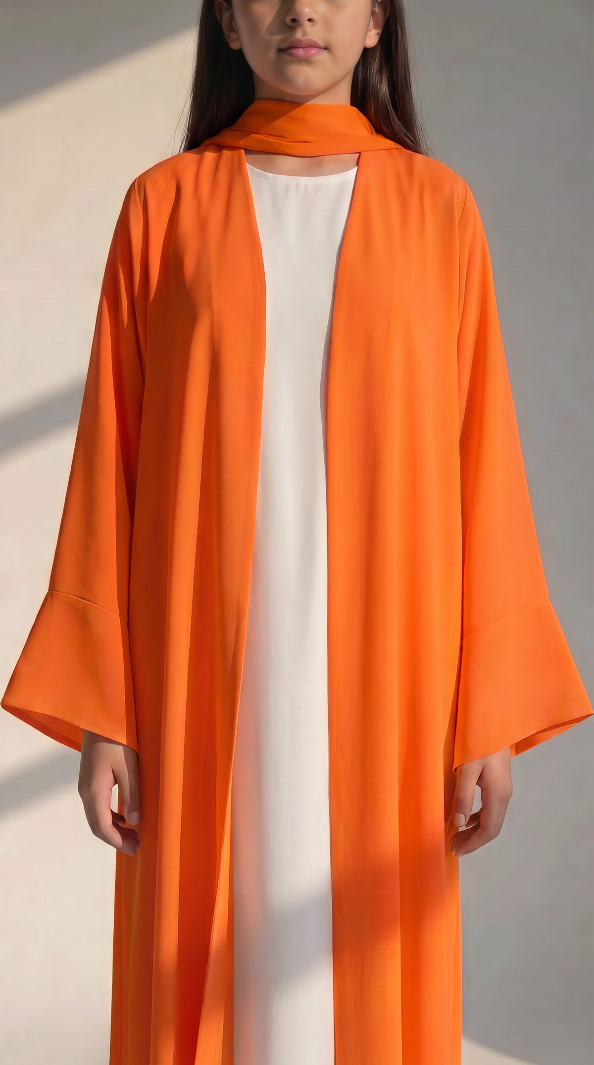 Kids Orange Korean Nida Abaya with White Inner Dress & Matching Scarf