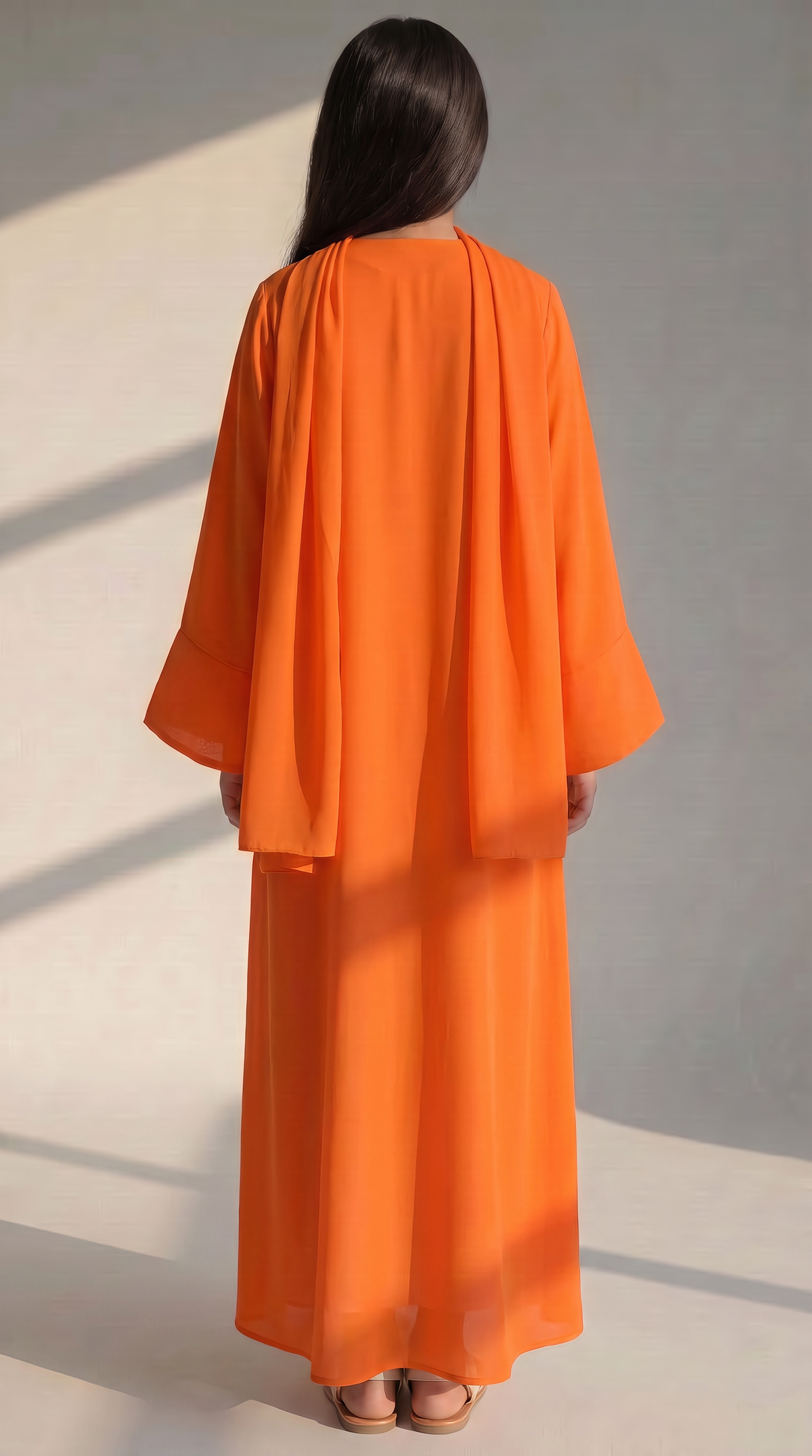 Kids Orange Korean Nida Abaya with White Inner Dress & Matching Scarf