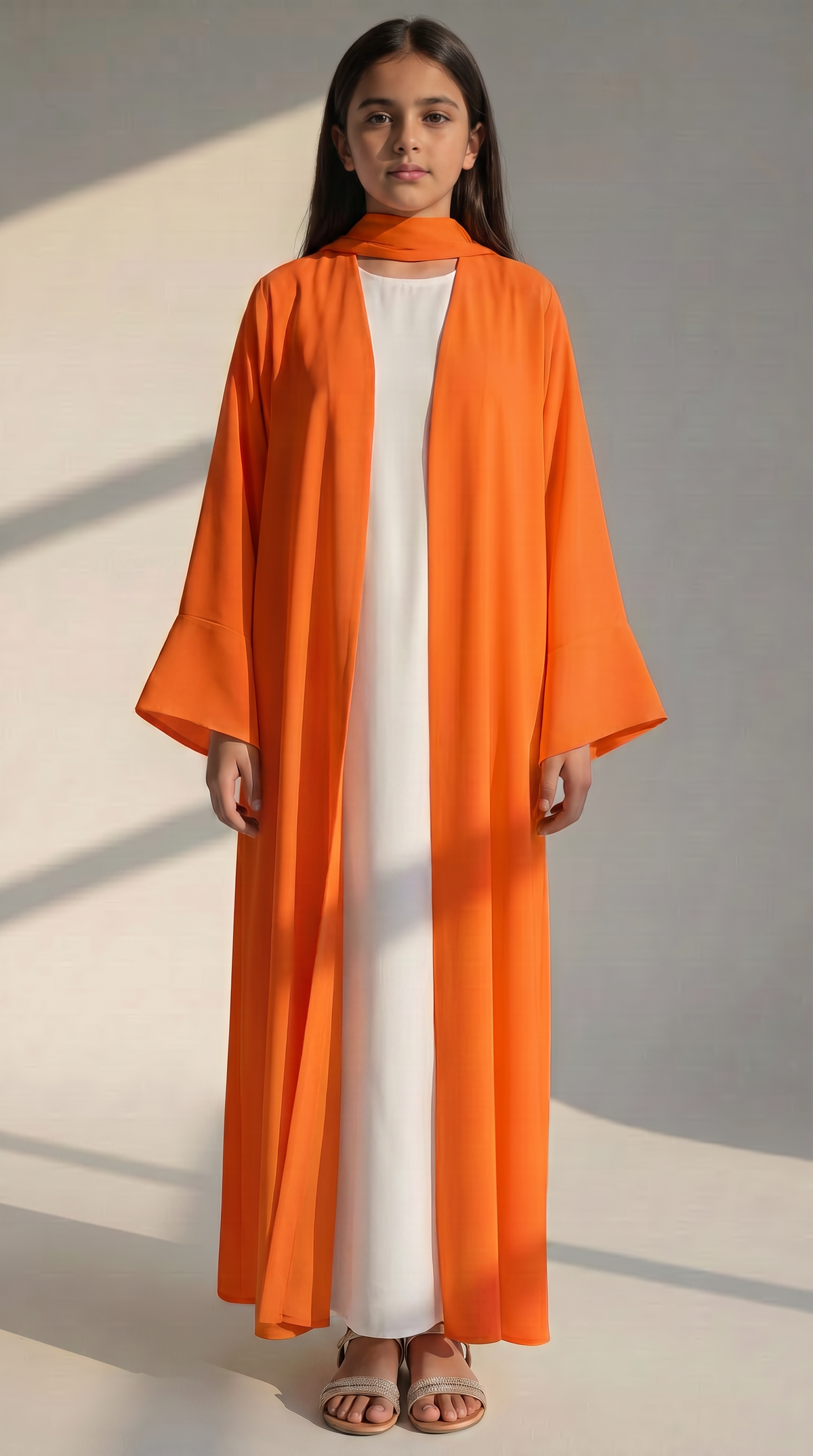 Kids Orange Korean Nida Abaya with White Inner Dress & Matching Scarf