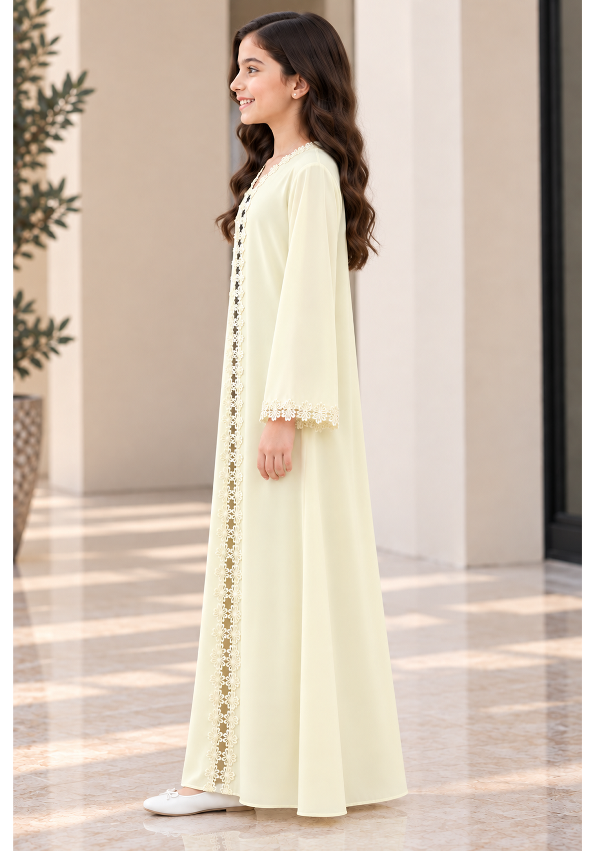 Girls’ Pastel Yellow Nida Abaya with Lace & Headscarf