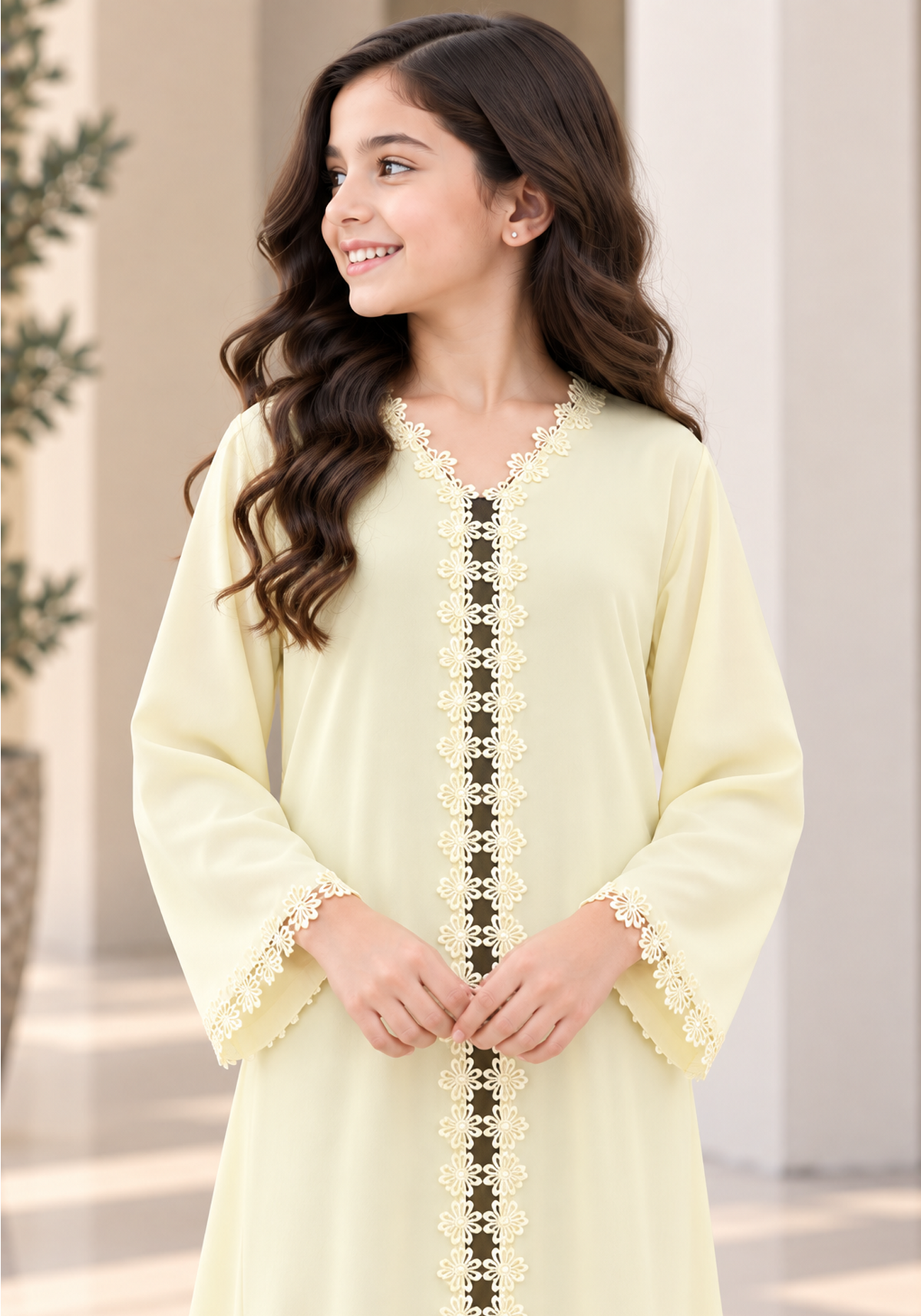 Girls’ Pastel Yellow Nida Abaya with Lace & Headscarf