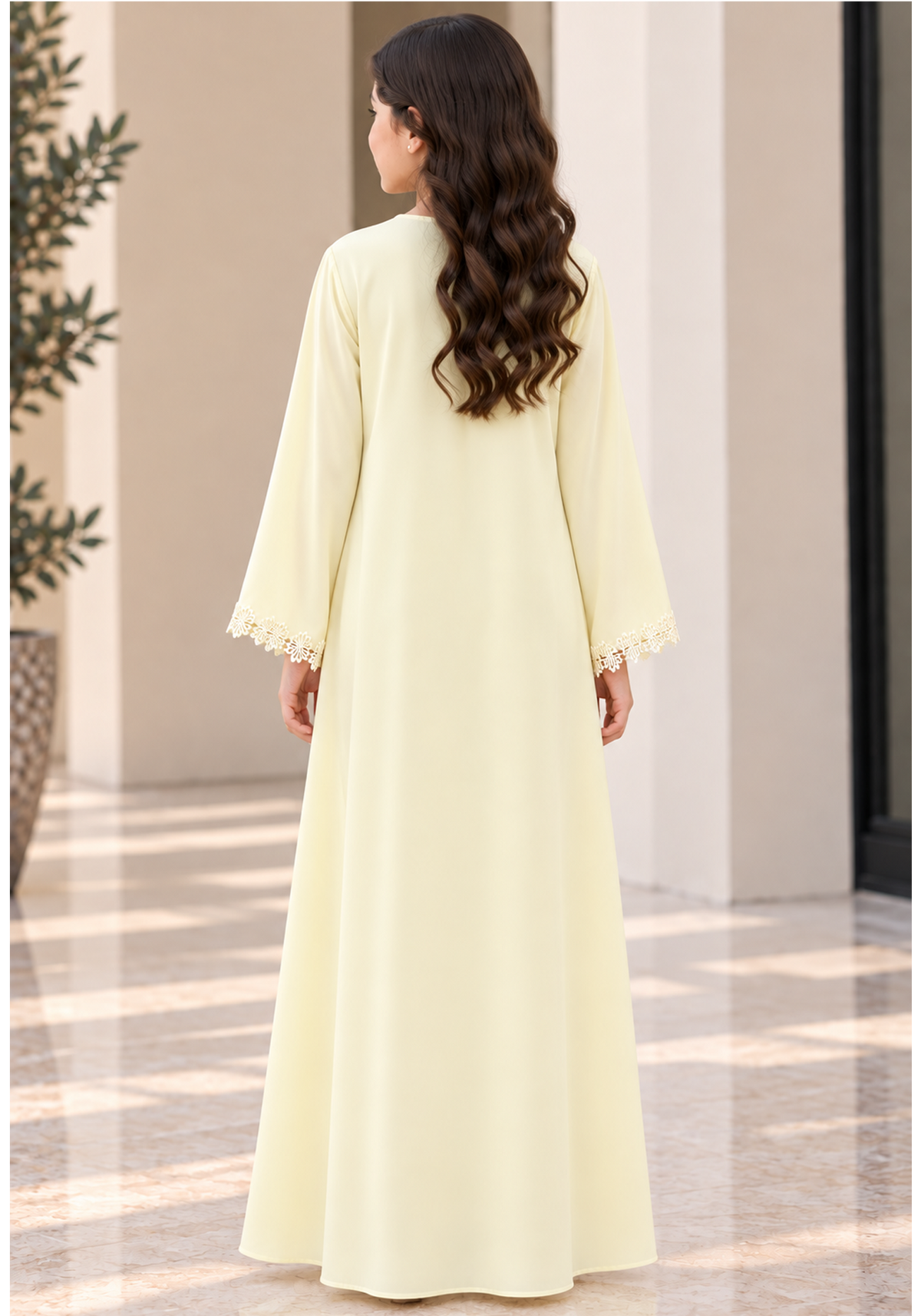 Girls’ Pastel Yellow Nida Abaya with Lace & Headscarf