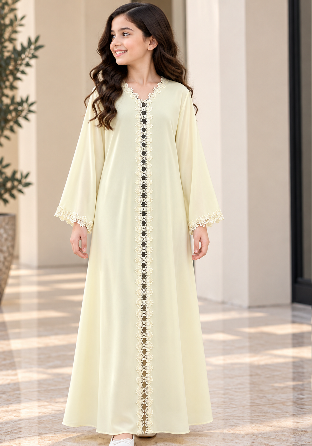 Girls’ Pastel Yellow Nida Abaya with Lace & Headscarf