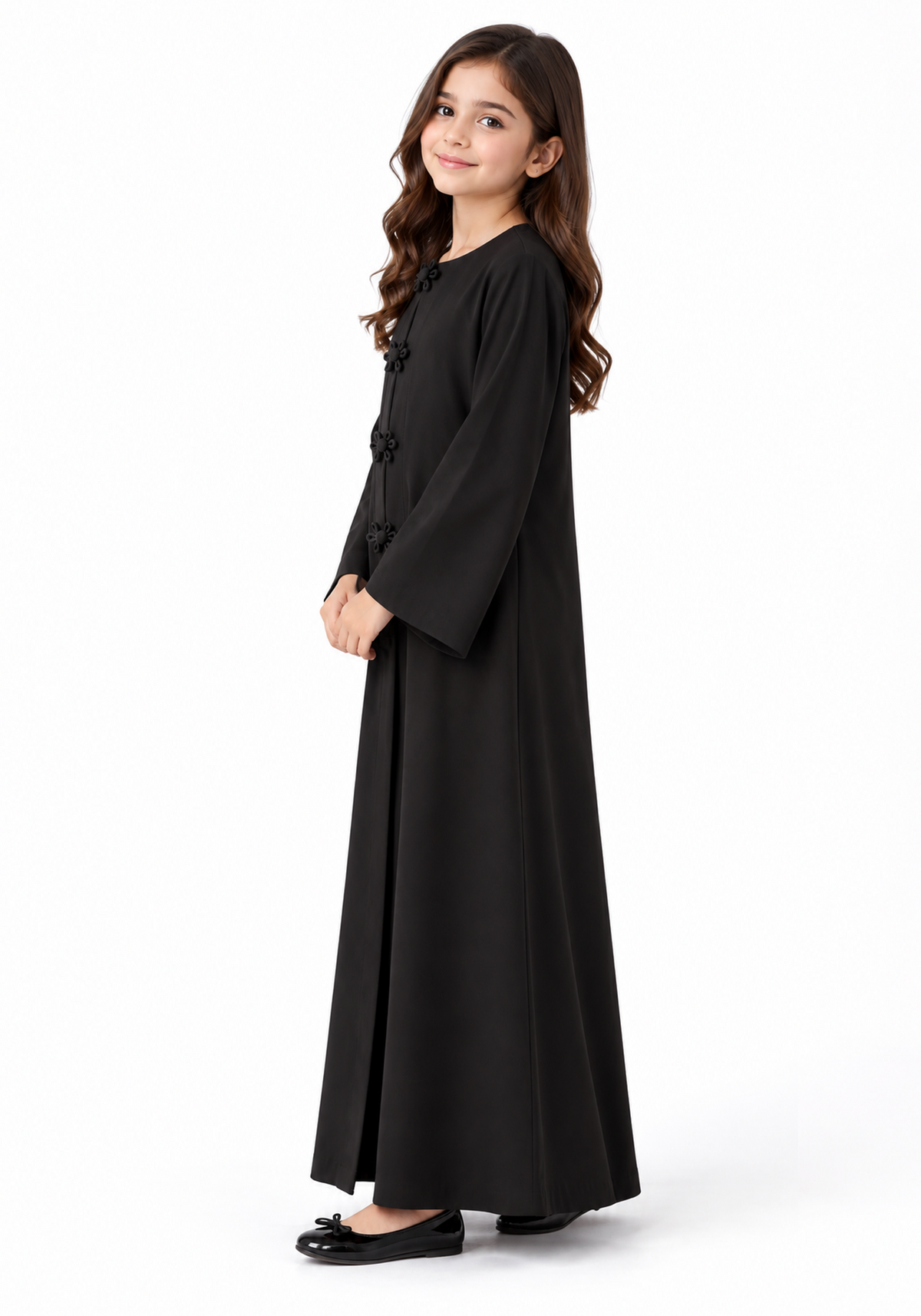 Girls’ Black Bella Crepe Abaya with Flower Buttons | UAE Made