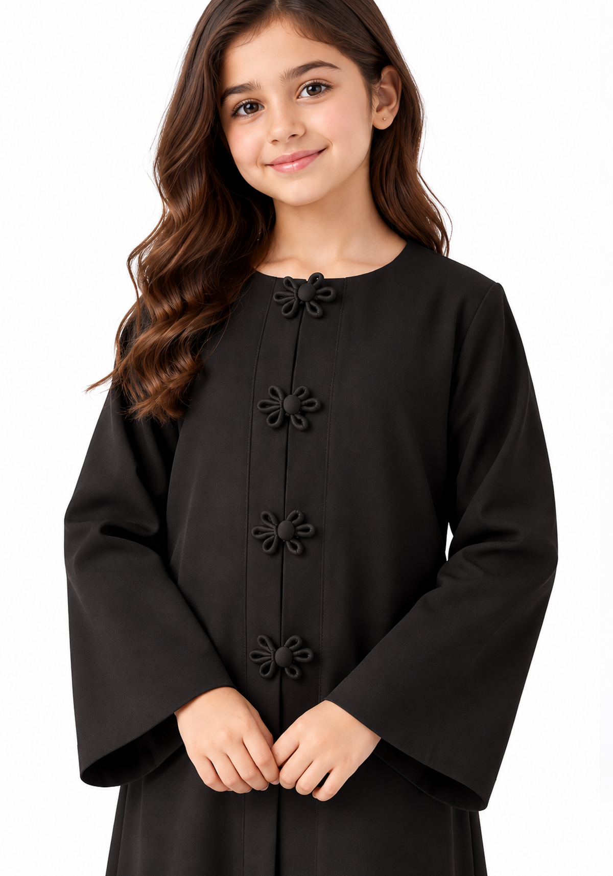 Girls’ Black Bella Crepe Abaya with Flower Buttons | UAE Made