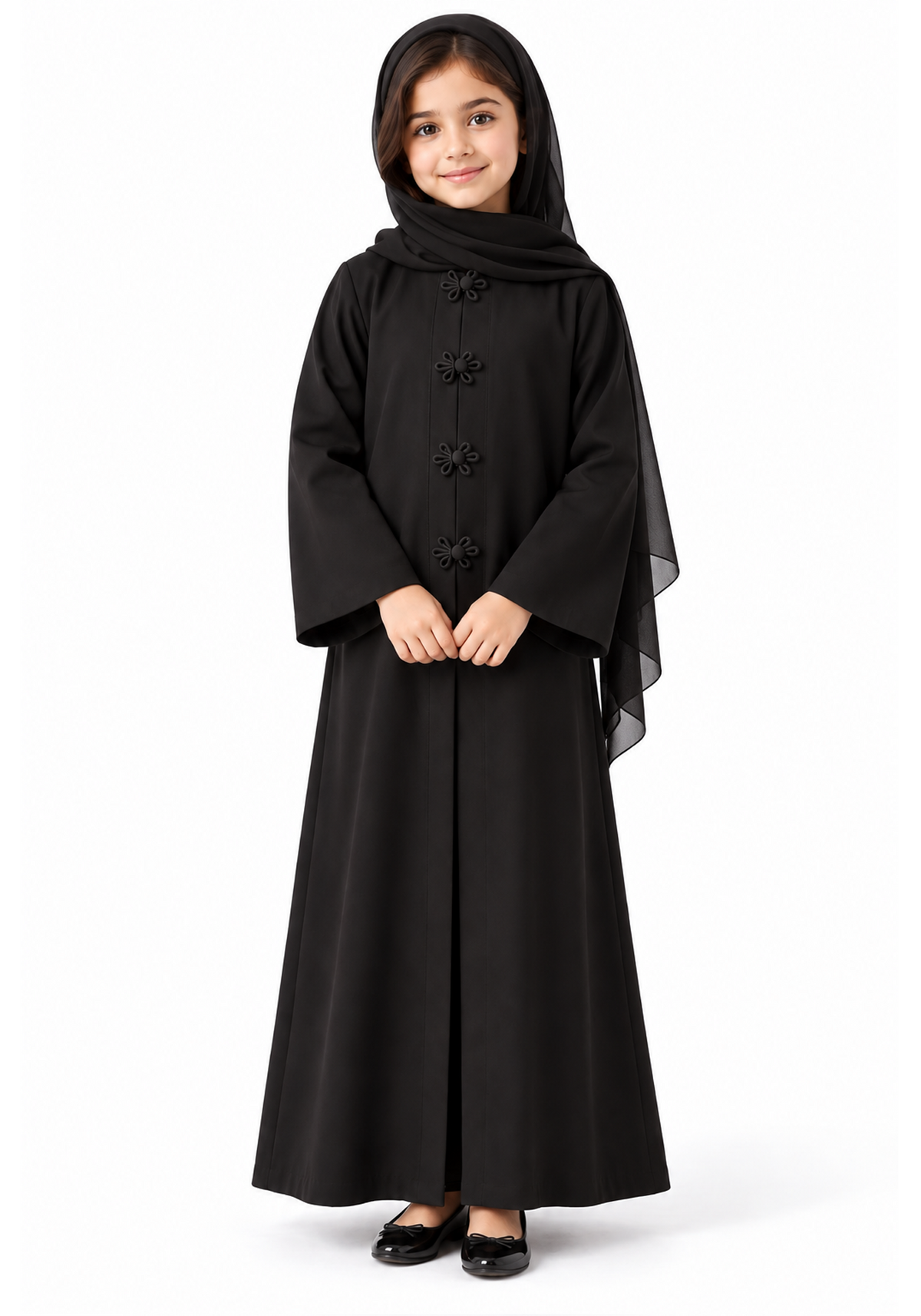 Girls’ Black Bella Crepe Abaya with Flower Buttons | UAE Made