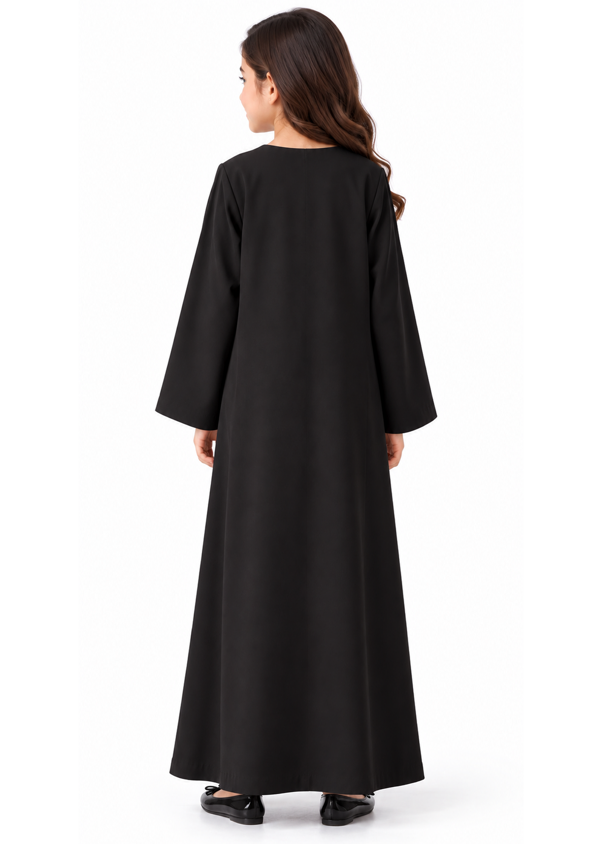 Girls’ Black Bella Crepe Abaya with Flower Buttons | UAE Made