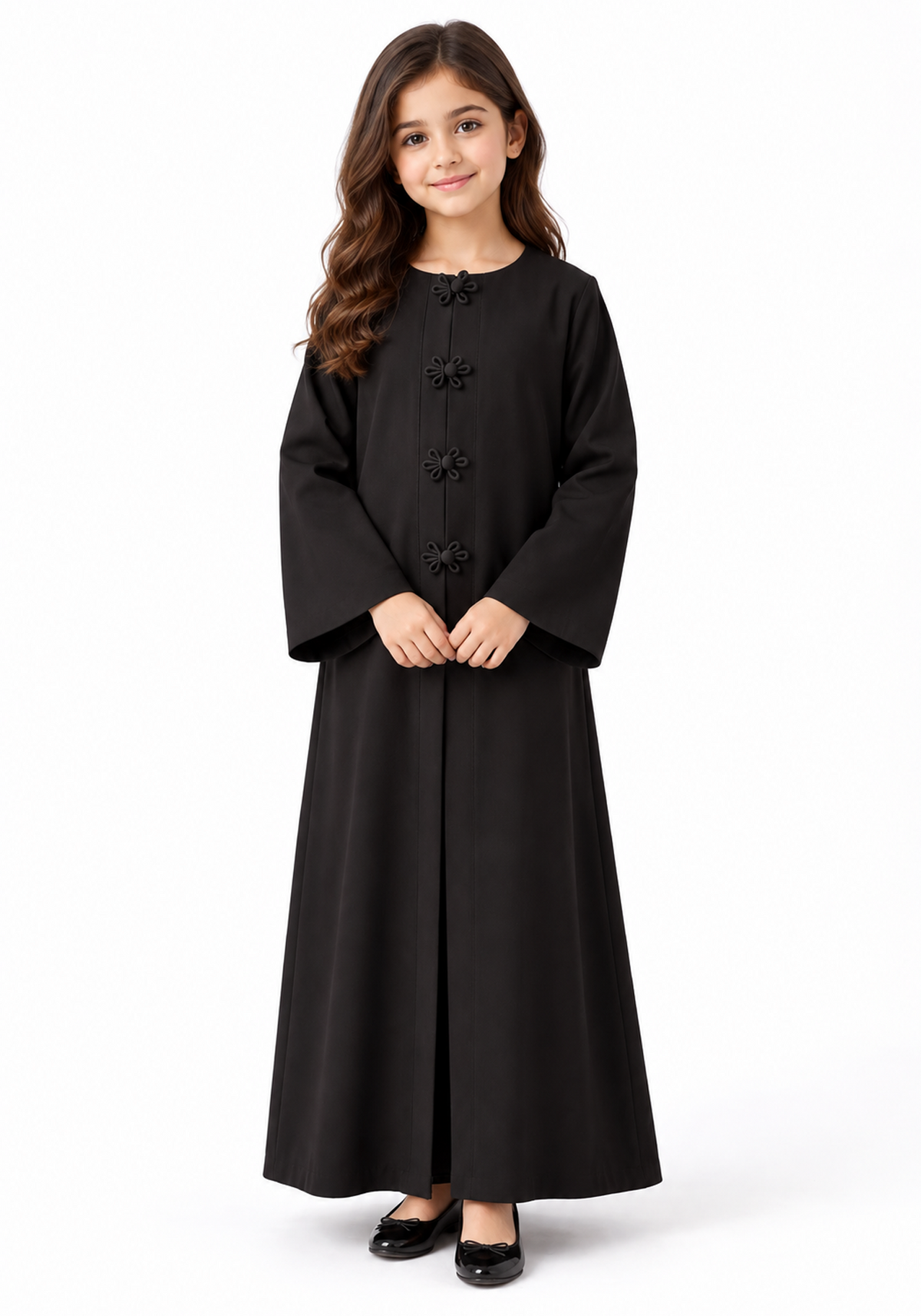 Girls’ Black Bella Crepe Abaya with Flower Buttons | UAE Made