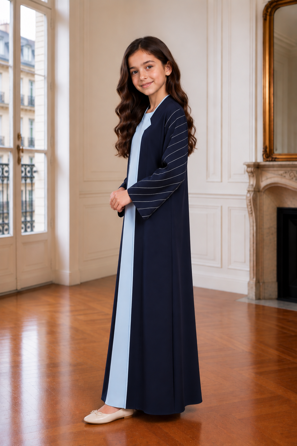 Navy Blue Girls Abaya with Sky Blue Inner Dress | Kids Modest Wear