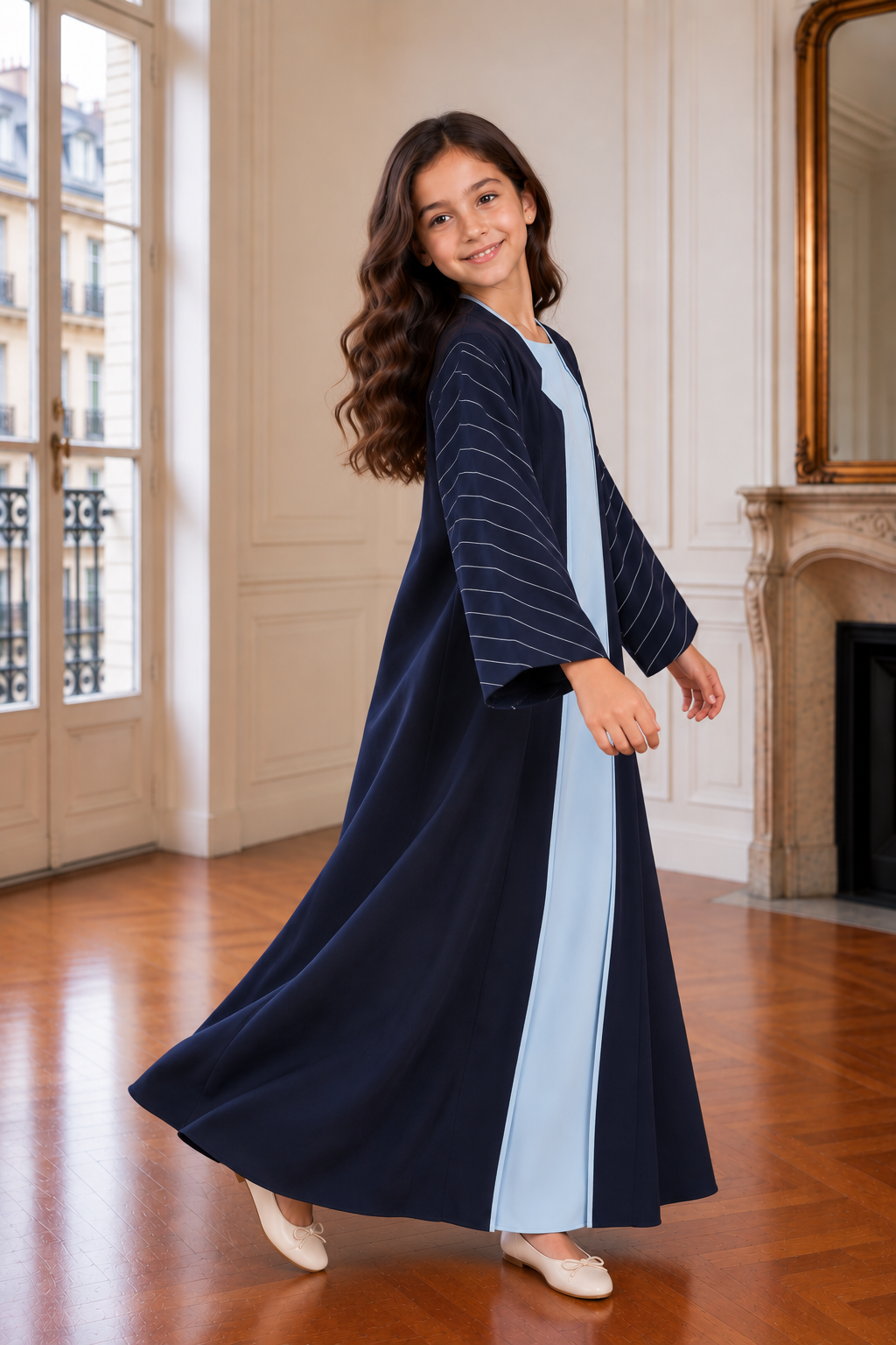 Navy Blue Girls Abaya with Sky Blue Inner Dress | Kids Modest Wear