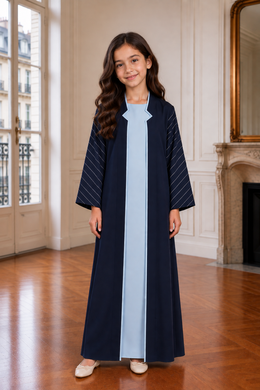 Navy Blue Girls Abaya with Sky Blue Inner Dress | Kids Modest Wear