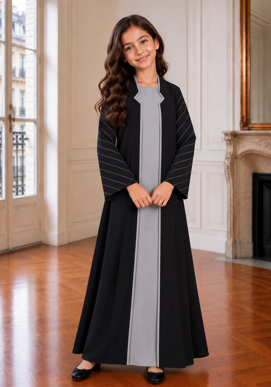 Black & Grey Girls Abaya with Striped Sleeves | Kids Abaya UAE