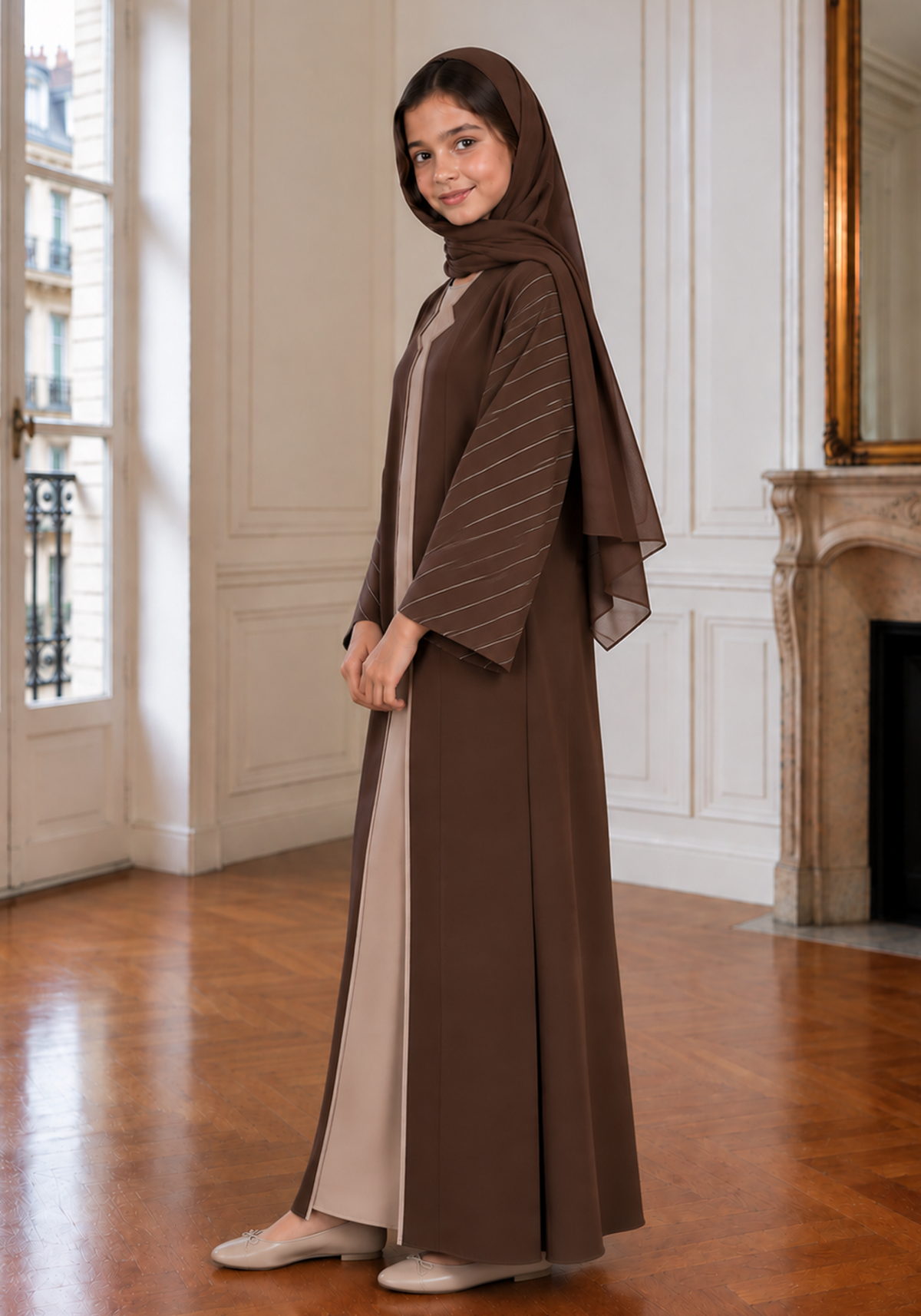 Chocolate Brown Girls Abaya with Beige Inner Dress & Matching Hijab | Kids Abaya UAE