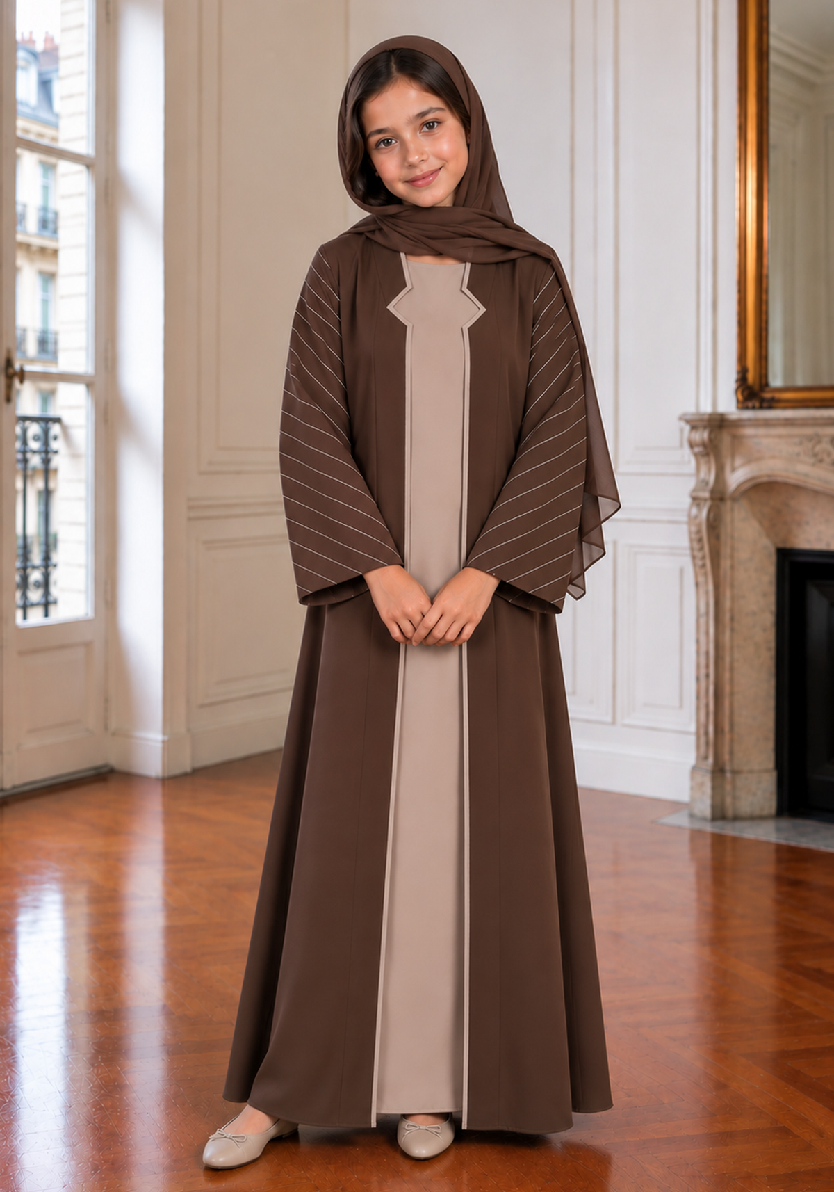 Chocolate Brown Girls Abaya with Beige Inner Dress & Matching Hijab | Kids Abaya UAE