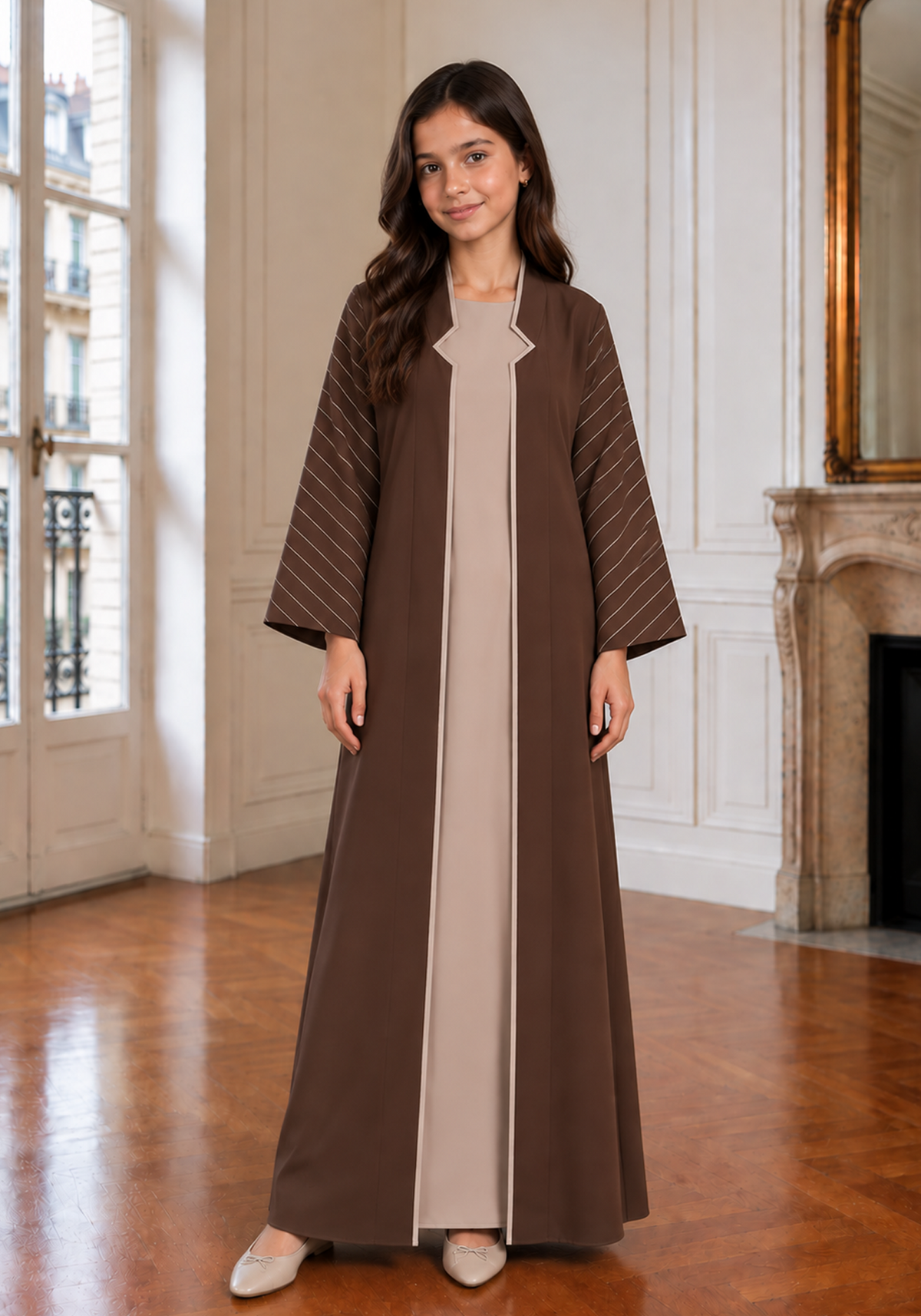 Chocolate Brown Girls Abaya with Beige Inner Dress & Matching Hijab | Kids Abaya UAE