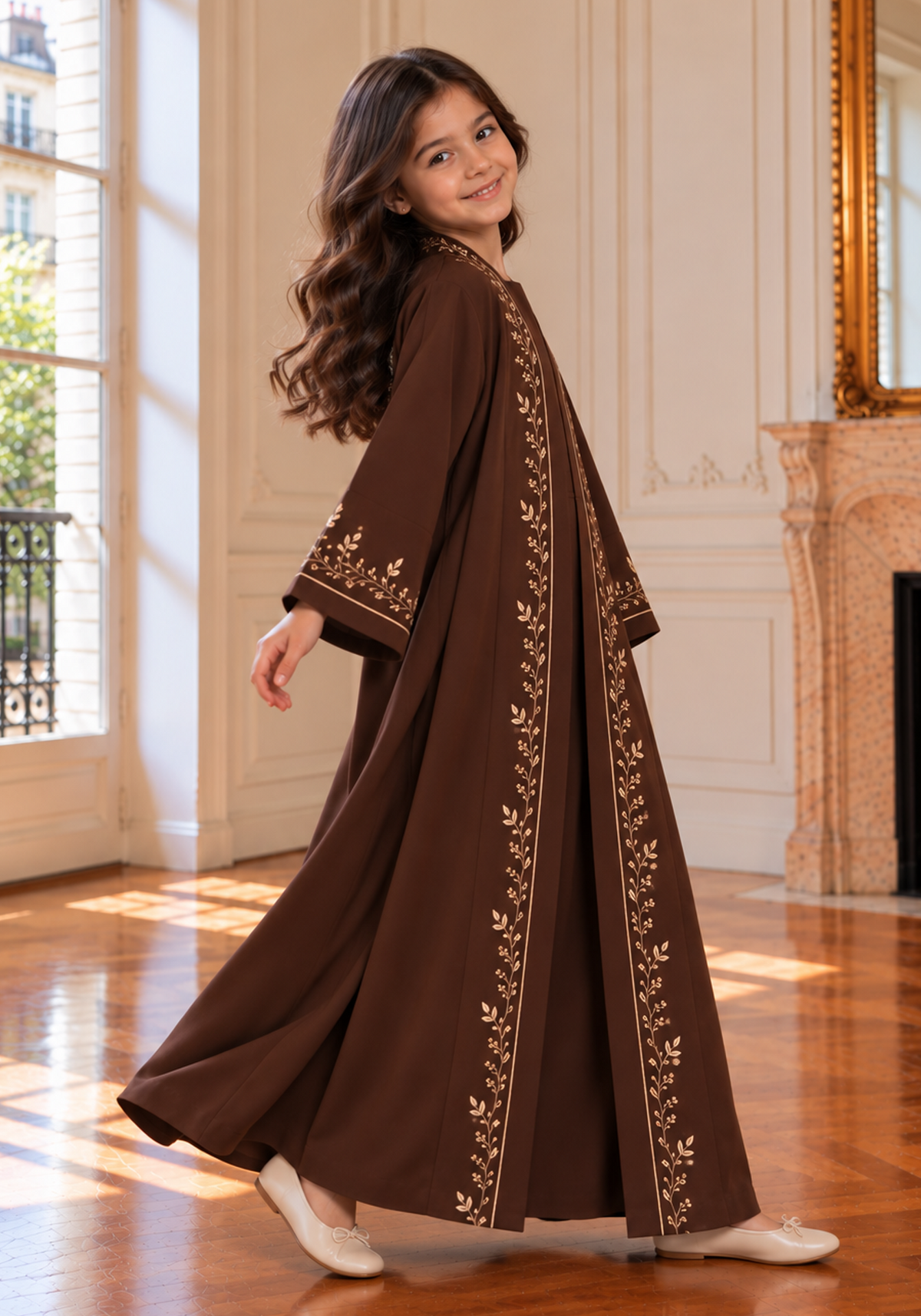 Girls Brown Abaya with Golden Hand Embroidery | Kids Abaya with Chiffon Hijab