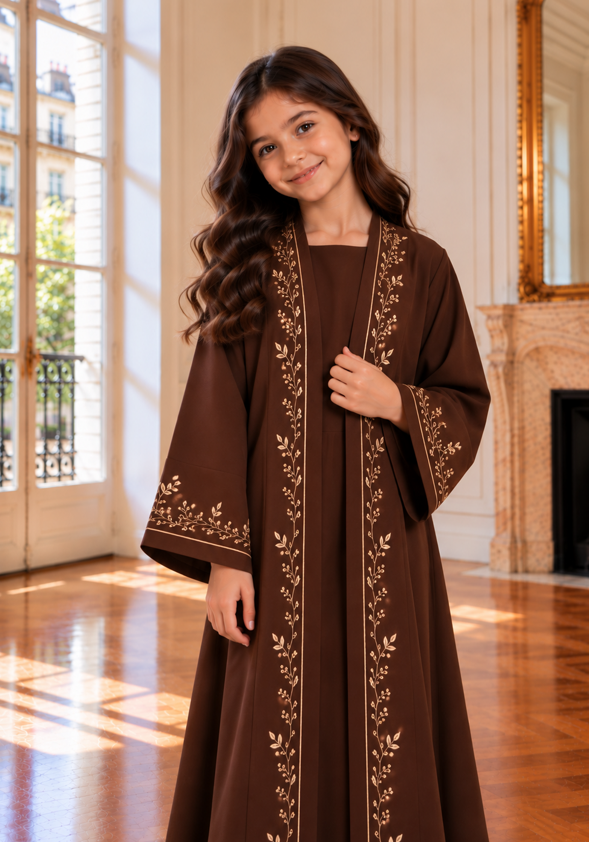 Girls Brown Abaya with Golden Hand Embroidery | Kids Abaya with Chiffon Hijab