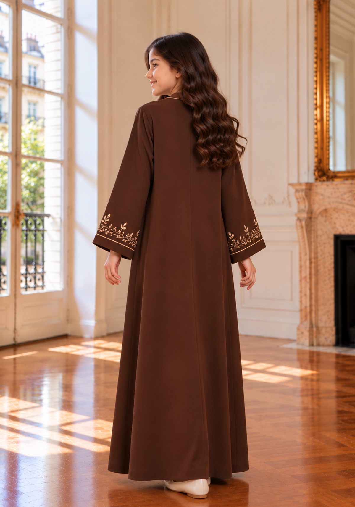 Girls Brown Abaya with Golden Hand Embroidery | Kids Abaya with Chiffon Hijab