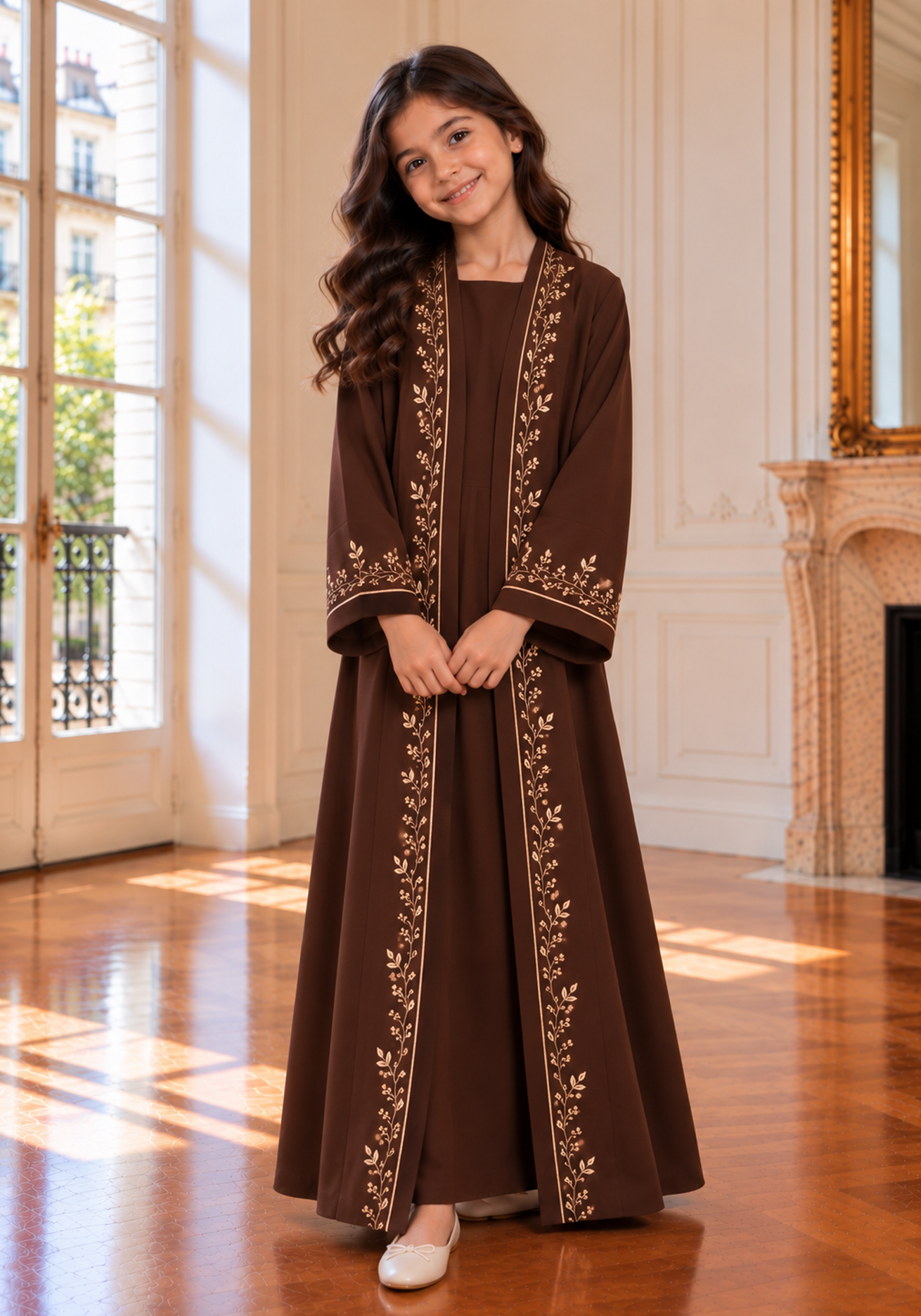 Girls Brown Abaya with Golden Hand Embroidery | Kids Abaya with Chiffon Hijab
