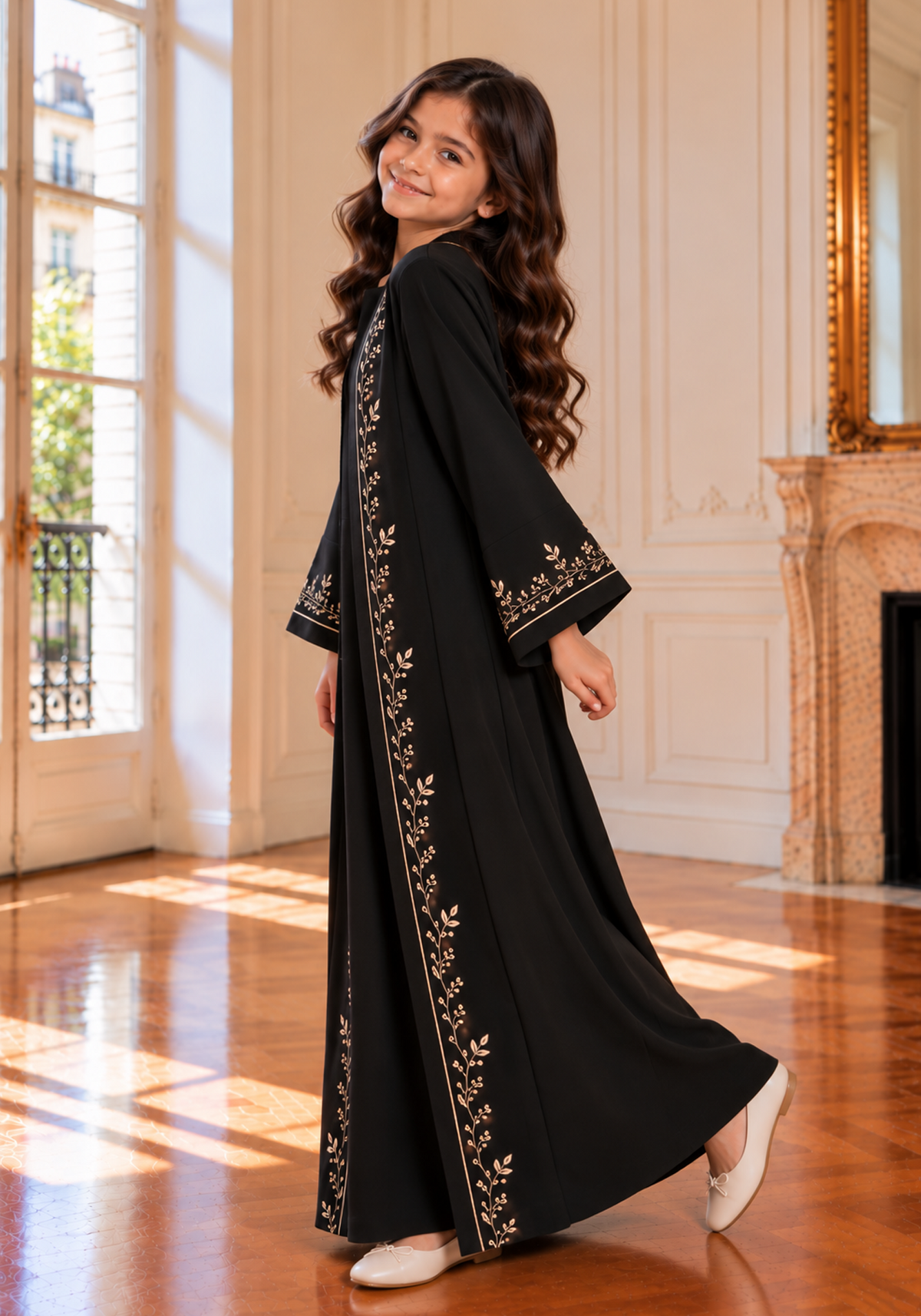 Girls Black Abaya with Golden Hand Embroidery | Kids Abaya with Chiffon Hijab