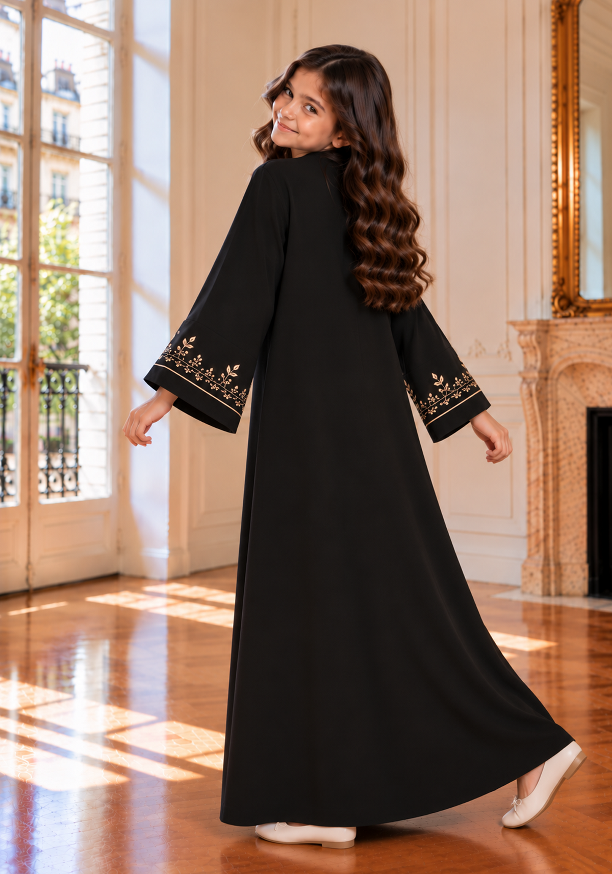 Girls Black Abaya with Golden Hand Embroidery | Kids Abaya with Chiffon Hijab