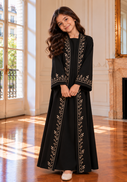 Girls Black Abaya with Golden Hand Embroidery | Kids Abaya with Chiffon Hijab